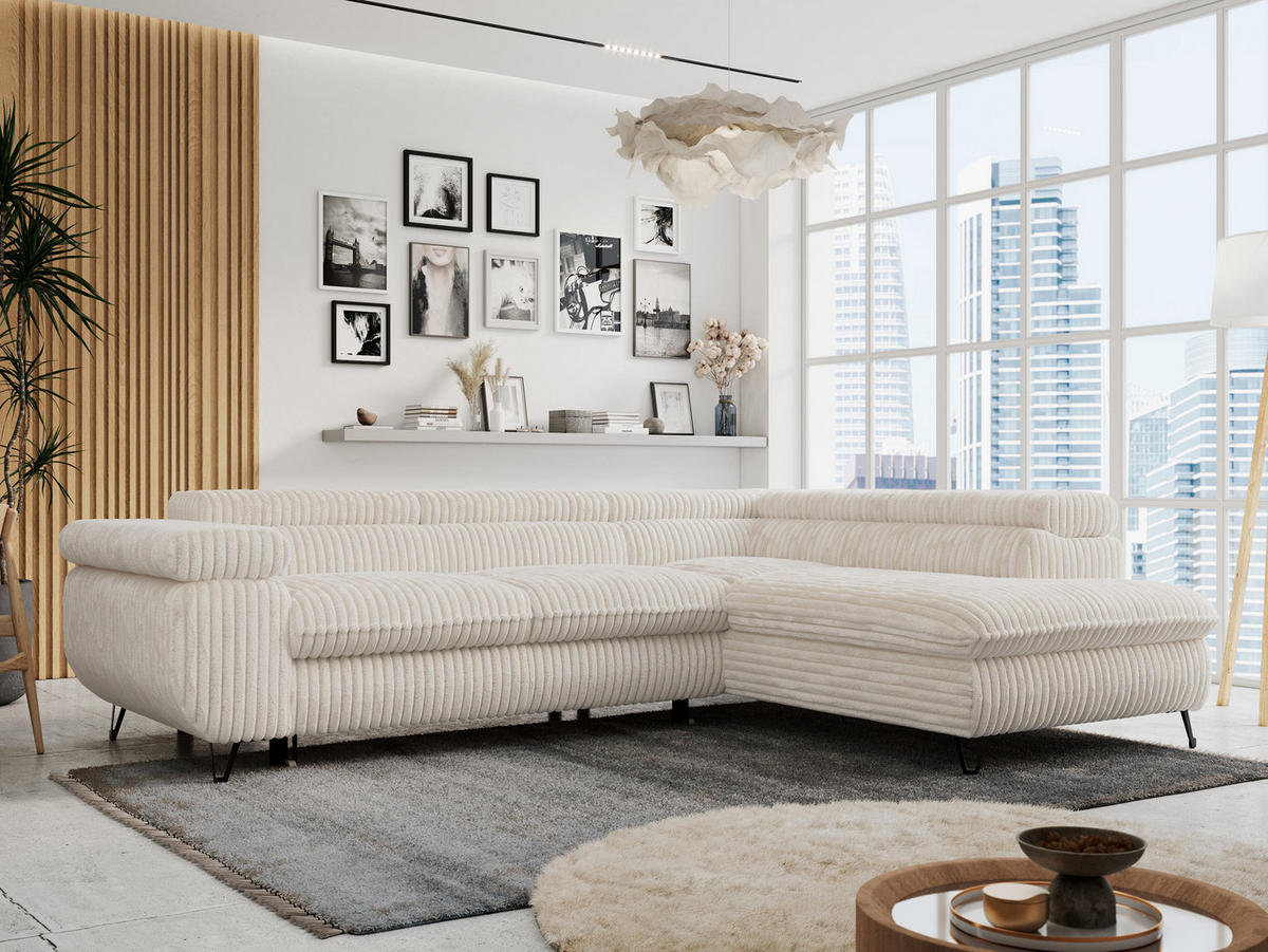 ECKSOFA PETER L Beige Cord - Rechts Seite - Beige/Schwarz, Textil/Metall (273/208cm) - MKS