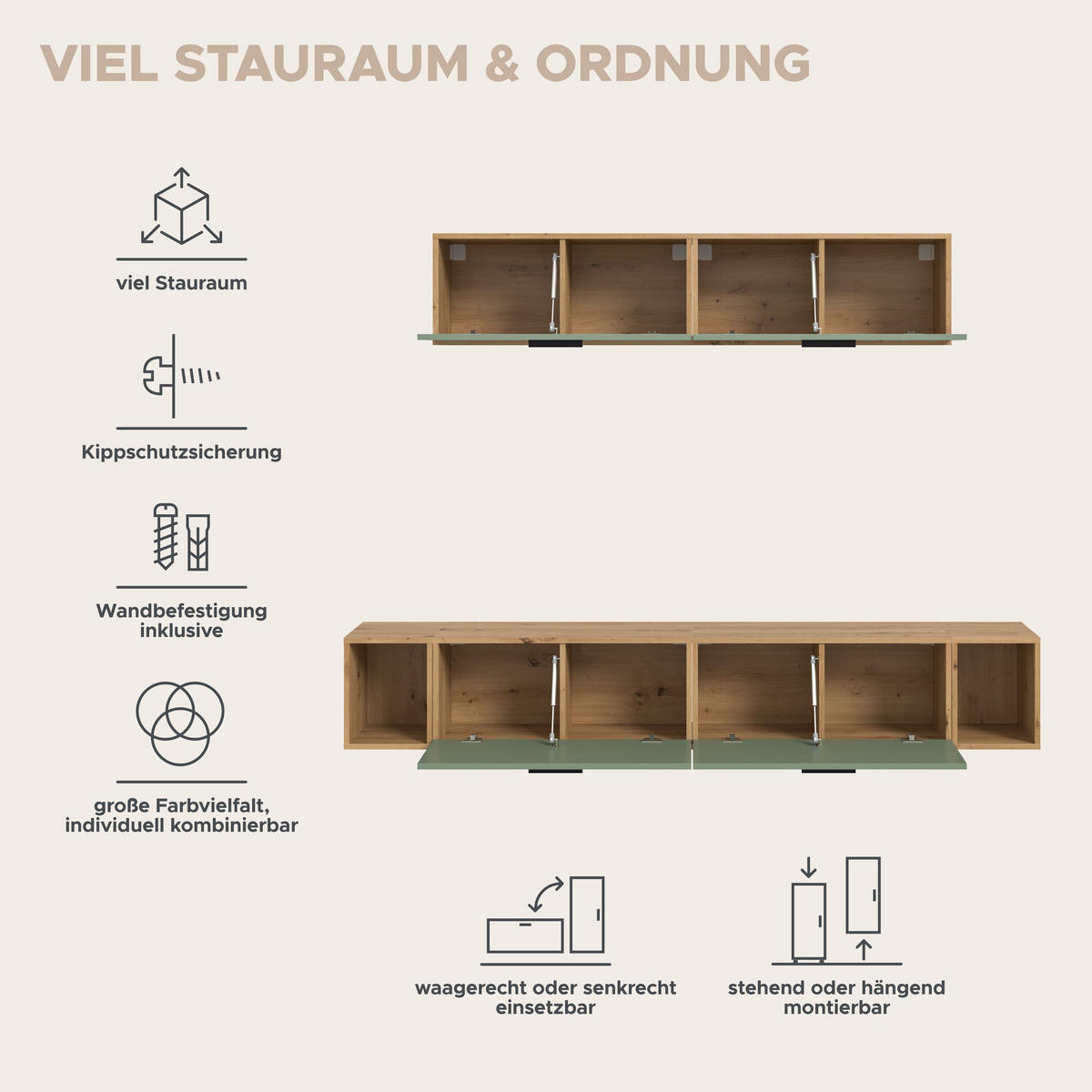 WOHNKOMBINATION THE ONE (B/H/T: ca. 202/184/34 cm) in Artisan Oak Nachbildung/Smoke Green - Eiche Artisan, Holzwerkstoff (202/184/34cm)
