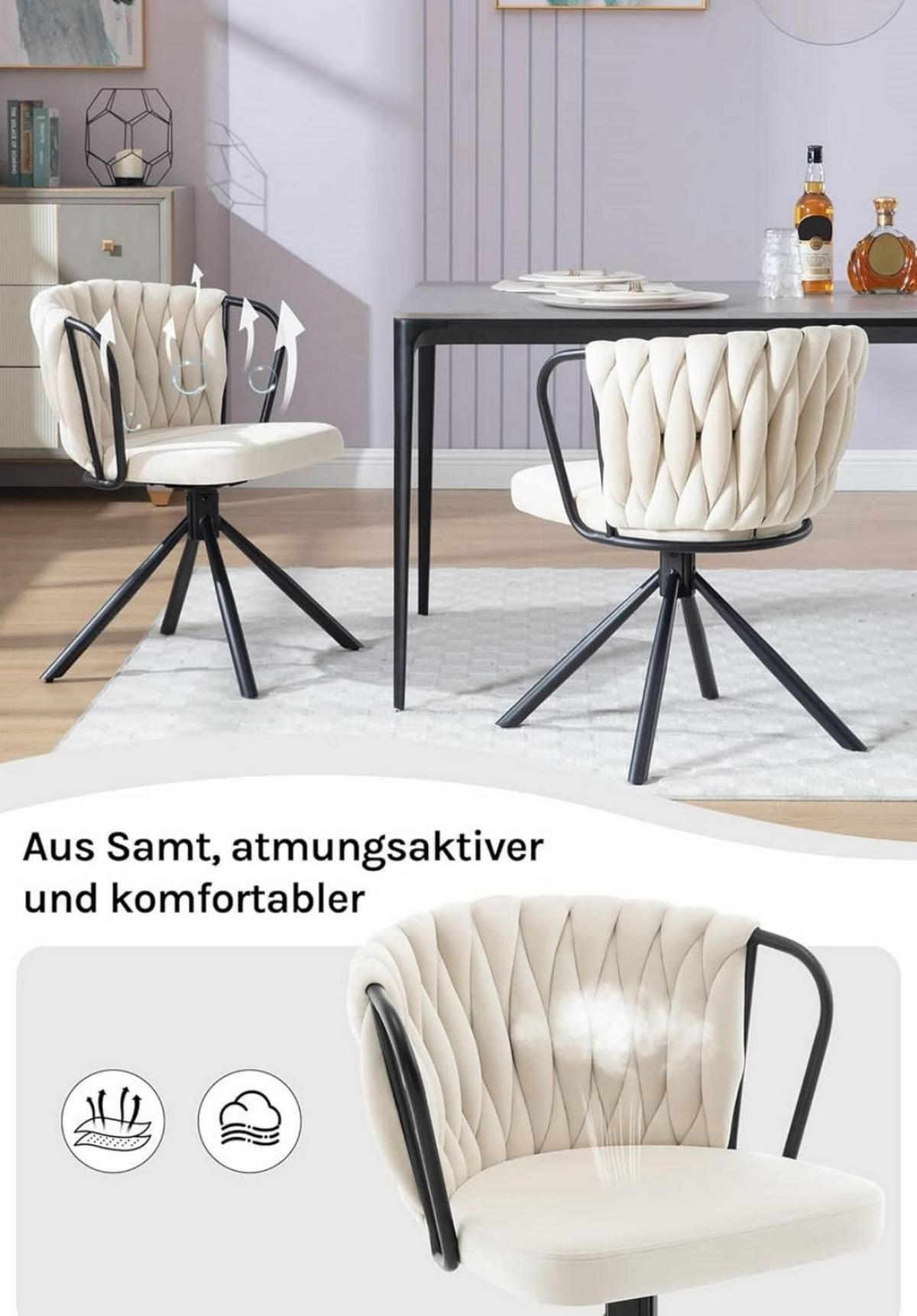 ARMLEHNSTUHL 2er Set Drehstuhl, Samtsitz, Creme - Creme/Schwarz, Textil/Metall (65/74.5/62.5cm) - Woltu