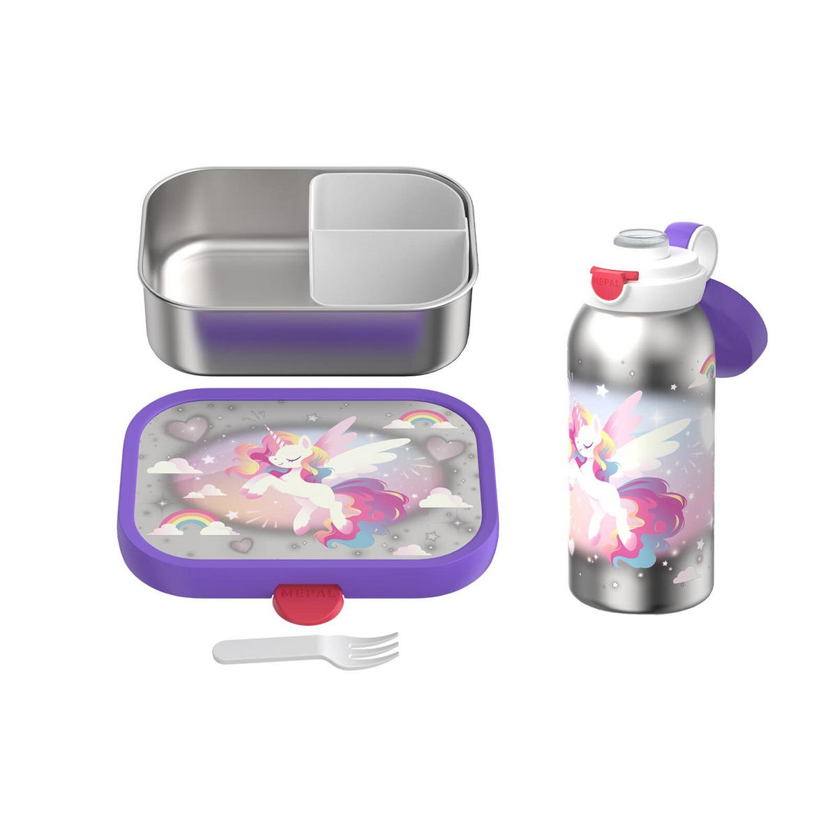 EDELSTAHL-LUNCHSET Campus Unicorn Glow 2er Set - Lila, Kunststoff/Metall (2/2/2cm) - Mepal
