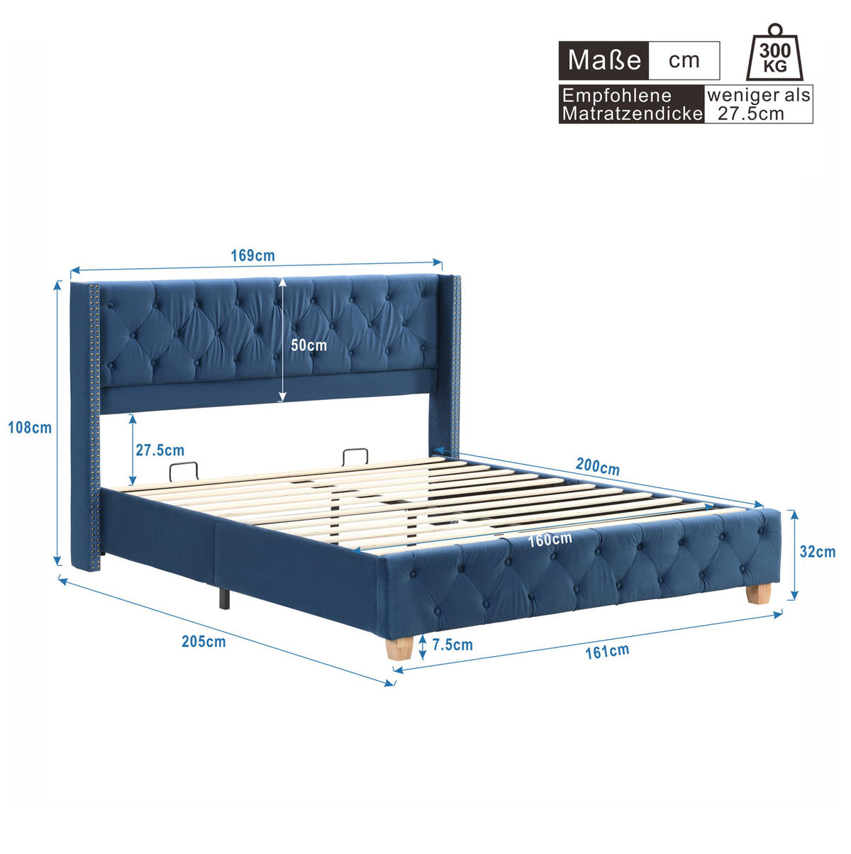 POLSTERBETT mit Lattenrost 160x200 cm Samt Blau - Blau, Metall (160/200cm) - Meubliv