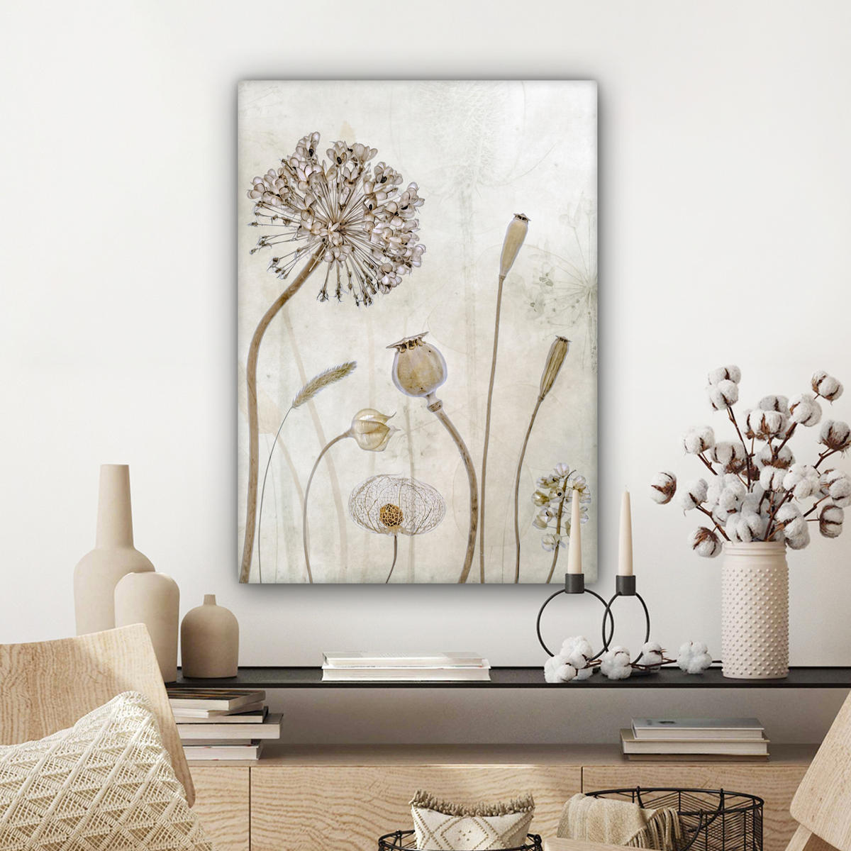 LEINWANDBILD Blumen - Aquarell - Stilleben - Braun - Vintage 60x80 cm - Beige, Textil (60/80cm) - MuchoWow