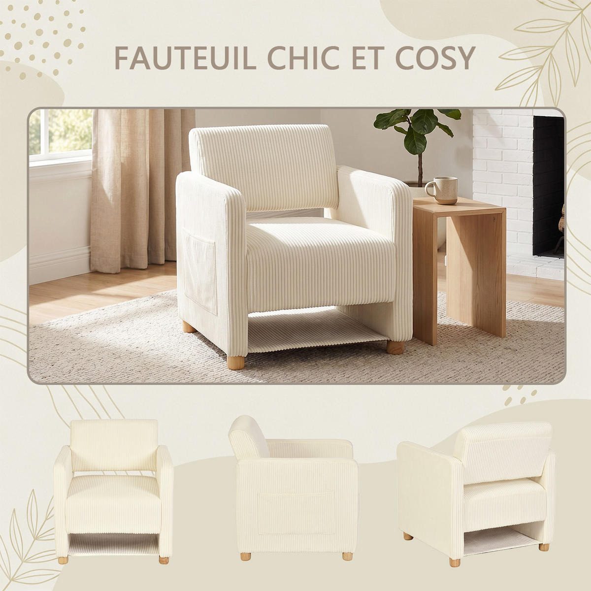 SESSEL, 2er-Set, mit Armlehnen, Cordbezug und Massivholzfüßen, Beige - Beige, Holz (66/76.5/73.5cm) - Meubles Cosy