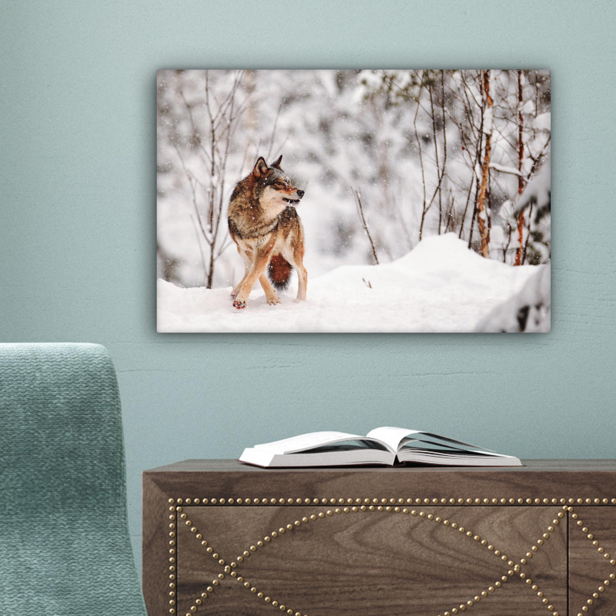 LEINWANDBILD Wolf - Winter - Schnee - Natur - Tiere Deko Schlafzimmer 30x20 cm - Haselnussfarben, Textil (30/20cm) - MuchoWow