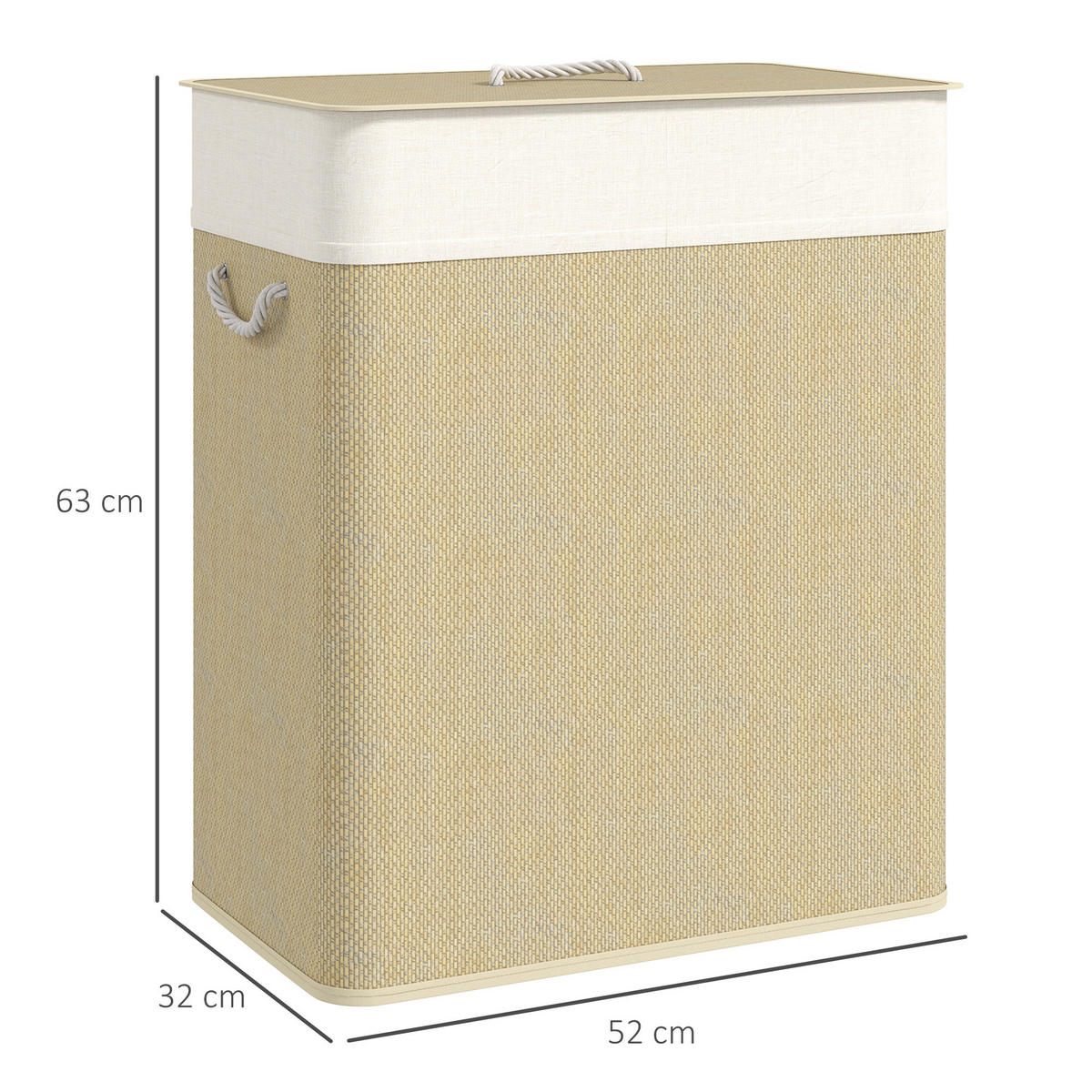 WÄSCHEKORB DE-18810 2 Fächer, 100L mit Deckel & Seilgriffen Natur - Weiß, Naturmaterialien (52/63/32cm) - ComfortXL
