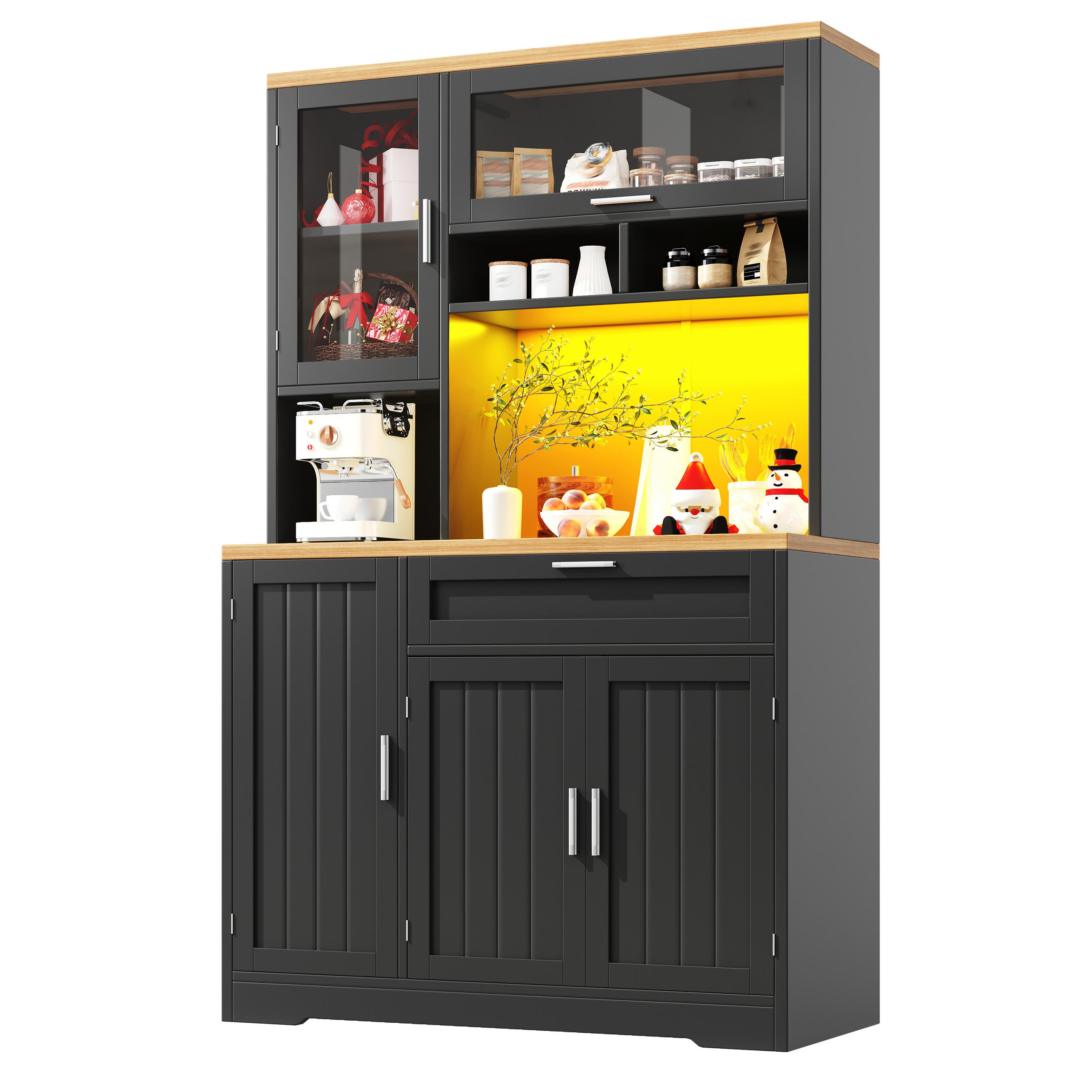 BUFFET DE-38405 104/40/180 cm mit LED-Beleuchtung und Glastüren Schwarz - Schwarz, Holzwerkstoff (104/180/40cm) - ComfortXL