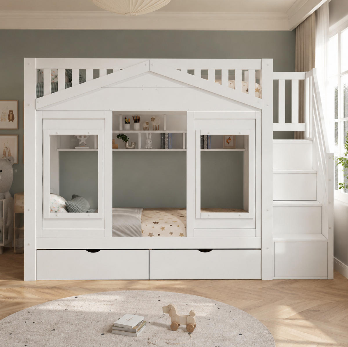 KINDERHOCHBETT 90x200 cm in Weiß mit Stauraumtreppe und Schublade - Weiß, Holz (90/200cm) - IVMEU