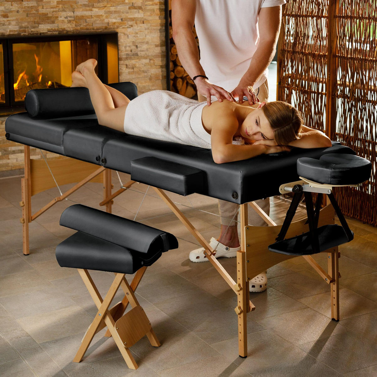 MASSAGELIEGE-SET 3 Zonen Somwang,218 x 102 x 90 cm,schwarz - Schwarz, Textil (108/90/218cm) - tectake