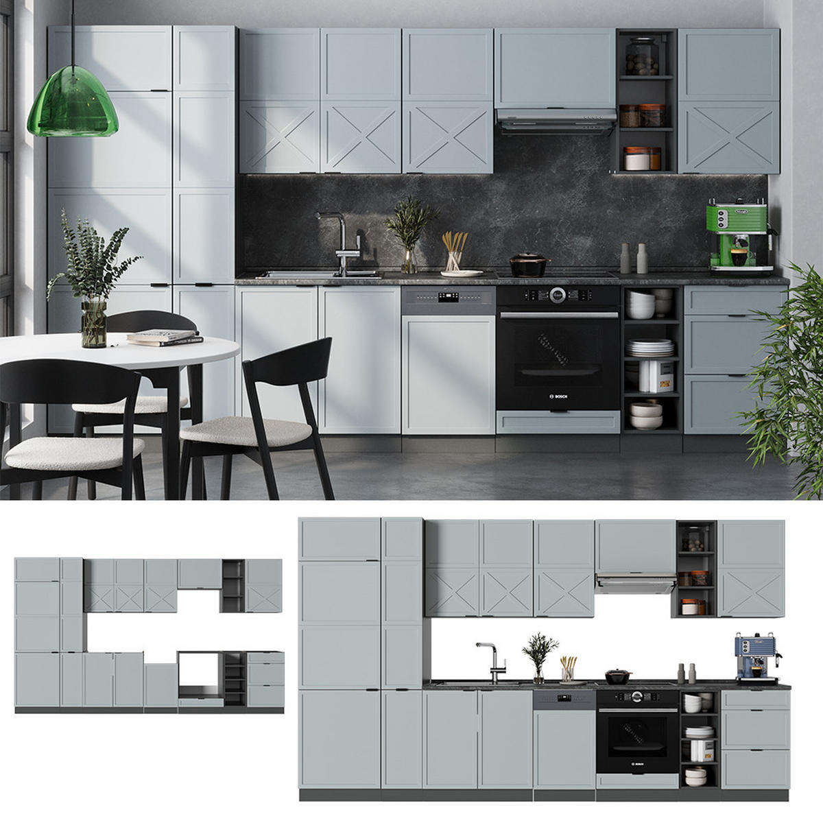 KÜCHENZEILE Fame-Line Hellblau-grau/Anthrazit 355 cm, AP Marmor - Anthrazit/Hellblau, Holzwerkstoff (355/81.6/60cm) - Vicco