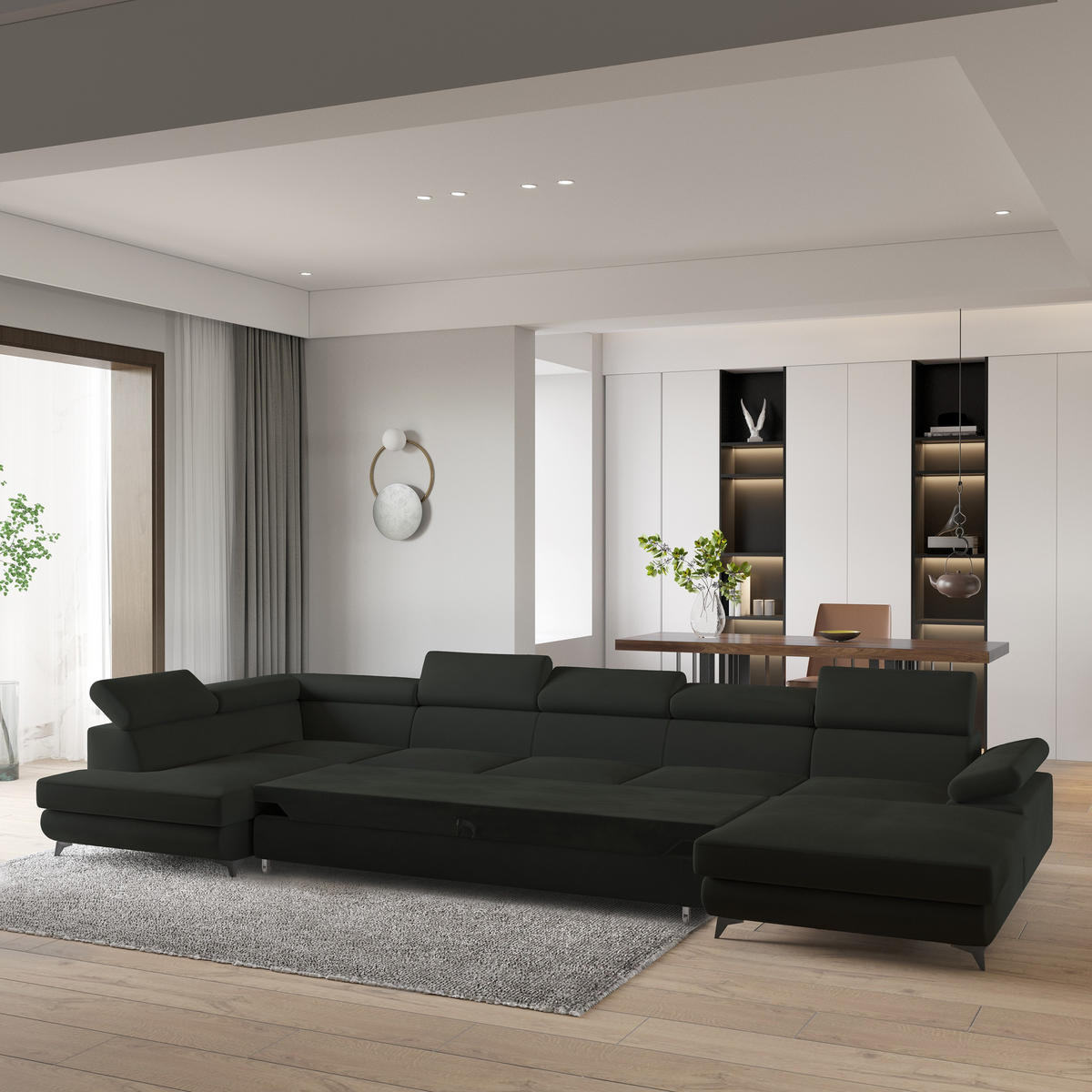 WOHNLANDSCHAFT MONTIVA Schwarz Velours-Stoff mit Schlaffunktion - Schwarz, Holz (410/89/190cm) - MASSENO