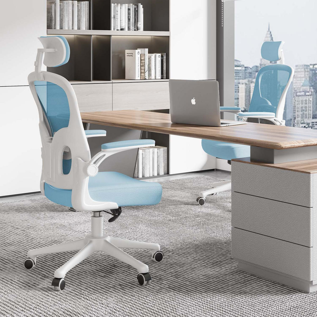 BÜROSTUHL ergonomisch, höhenverstellbar, klappbare Armlehnen, Kopfstütze – Blau - Blau, Metall (50.5/134/52cm) - Rattantree