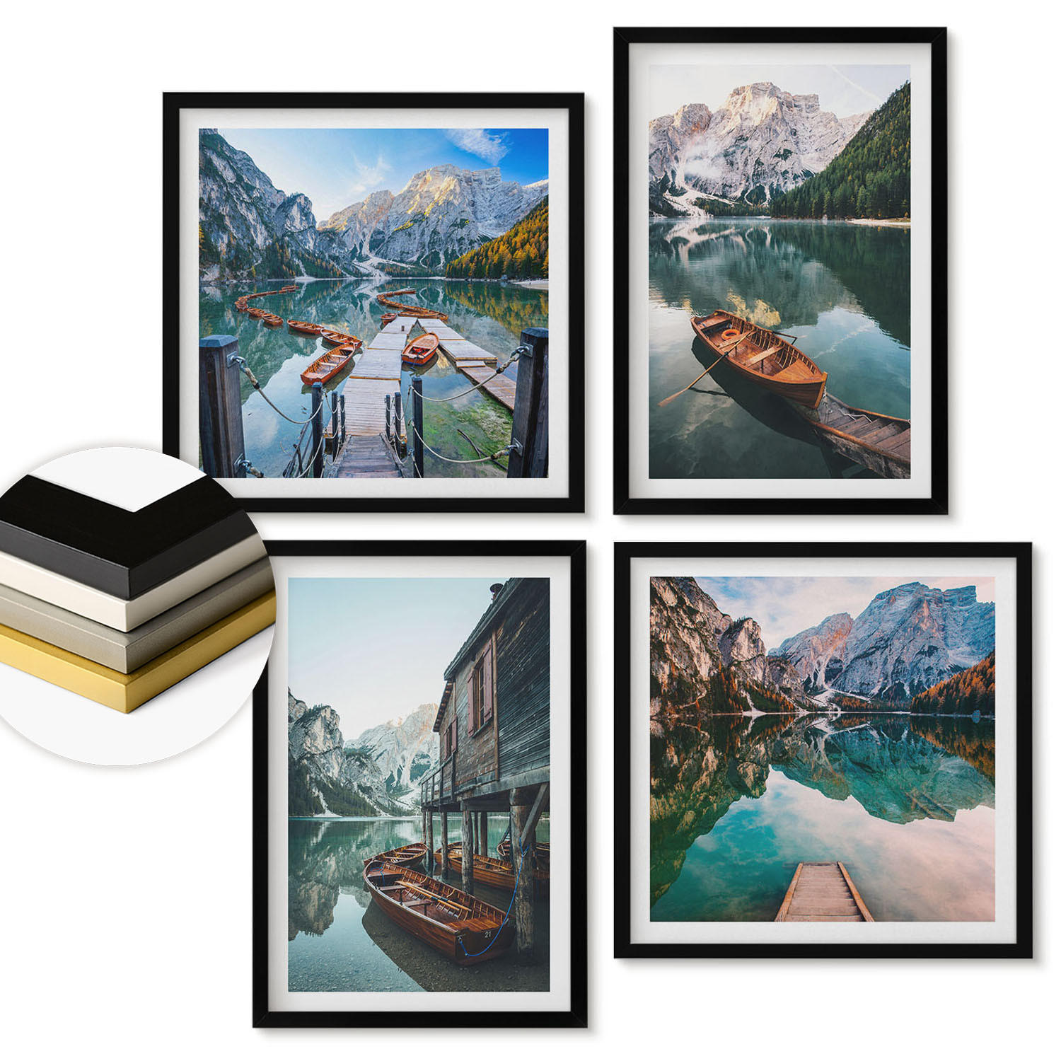 WANDBILDER 4er-Set - 50x50 cm & 40x60 cm Schwarzer Rahmen - See, Berge, Boote, Ferienhaus - Schwarz, Kunststoff (50/50cm) - ArtPrintCave