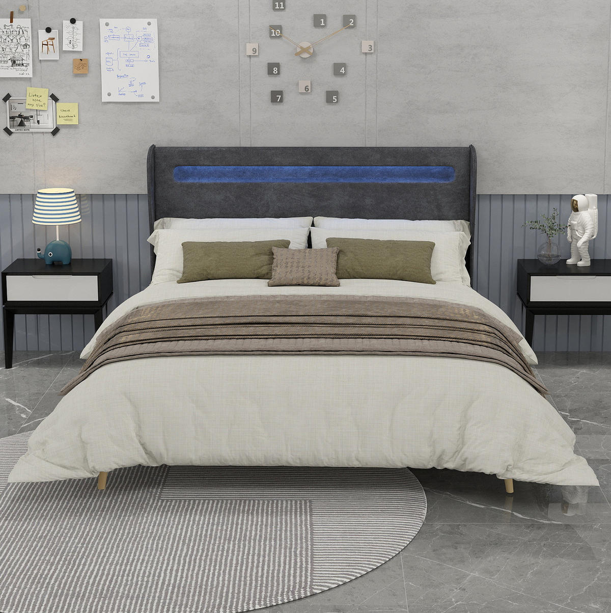 ČALÚNENÁ posteľ 160/200 cm s nastaviteľným LED osvetlením a variabilným čelom, Sivá - sivá, textil (160/200cm) - Redom