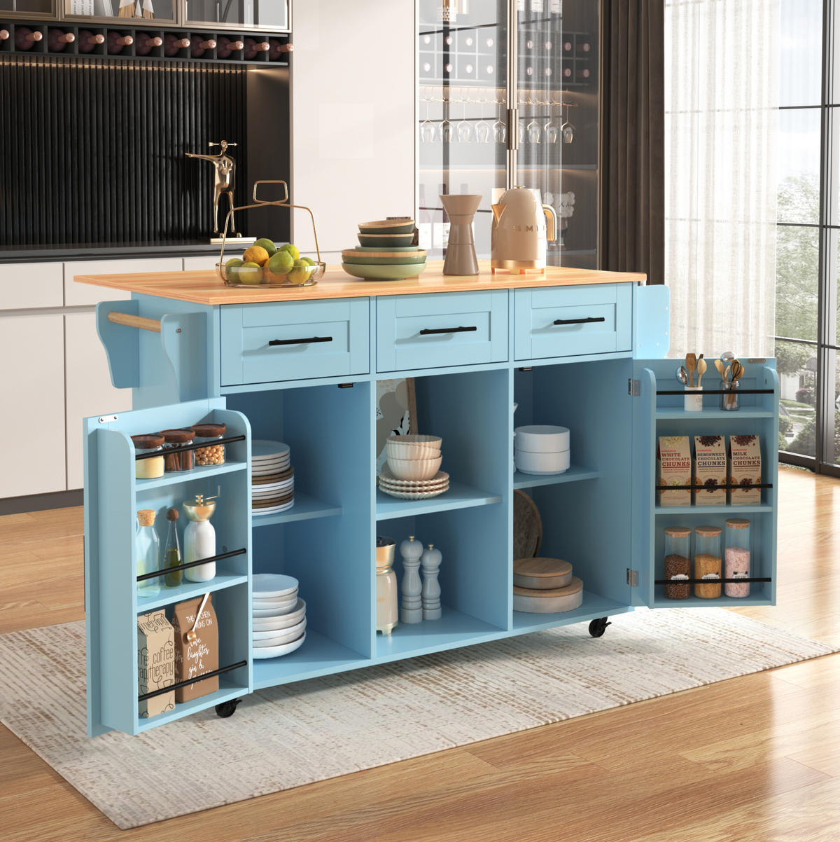 KÜCHENWAGEN 139/46(71)/91,5 cm in Blau mit klappbarer Platte und Rollen - Blau, Holzwerkstoff (139/91.5/46cm) - Flora Grace