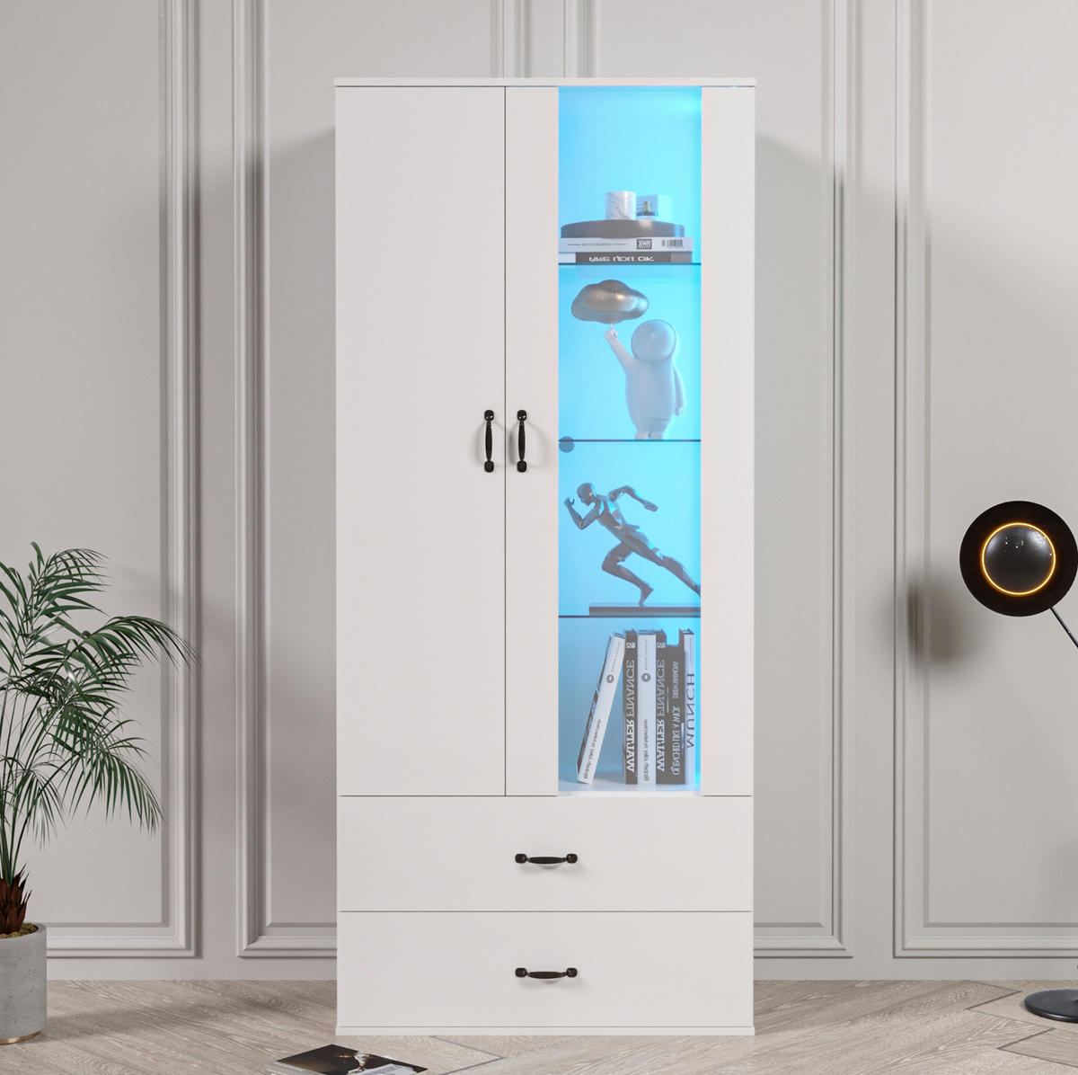 HIGHBOARD mit LED-Beleuchtung 59,5/35/182 cm mit 2 Türen und 2 Schubladen - Weiß, Holzwerkstoff (59.5/182/35cm) - BEAOK