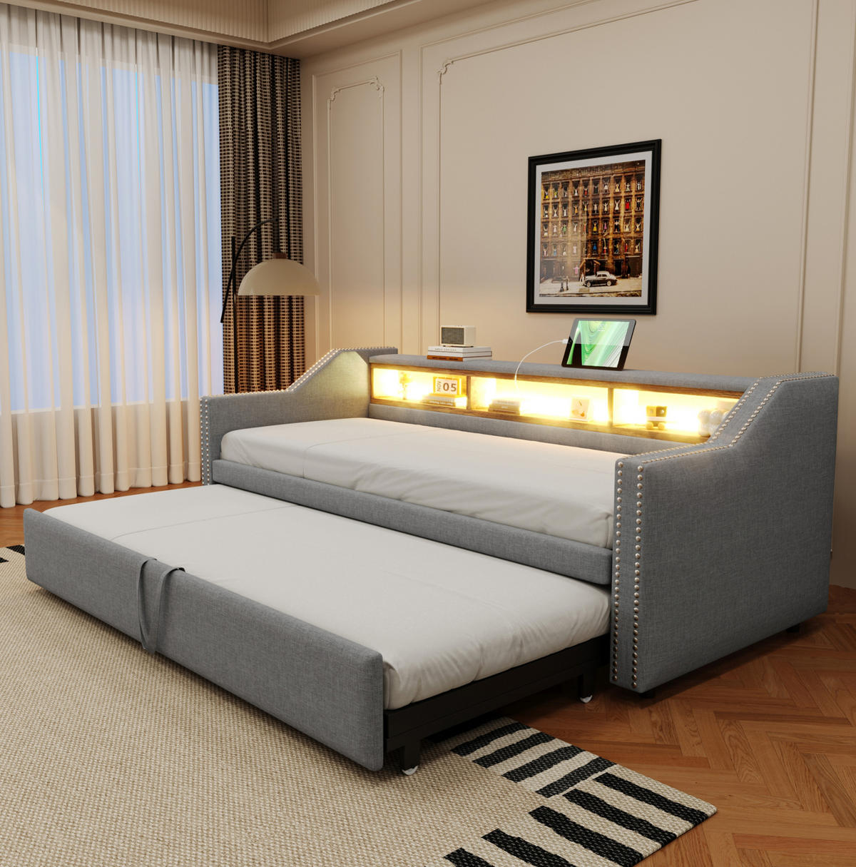 BETT aus Leinen 90/180x190 cm Hellgrau mit Ausziehbett, LED, USB und 3 Ablagefächern - Hellgrau, Textil (90/190cm) - Modfu