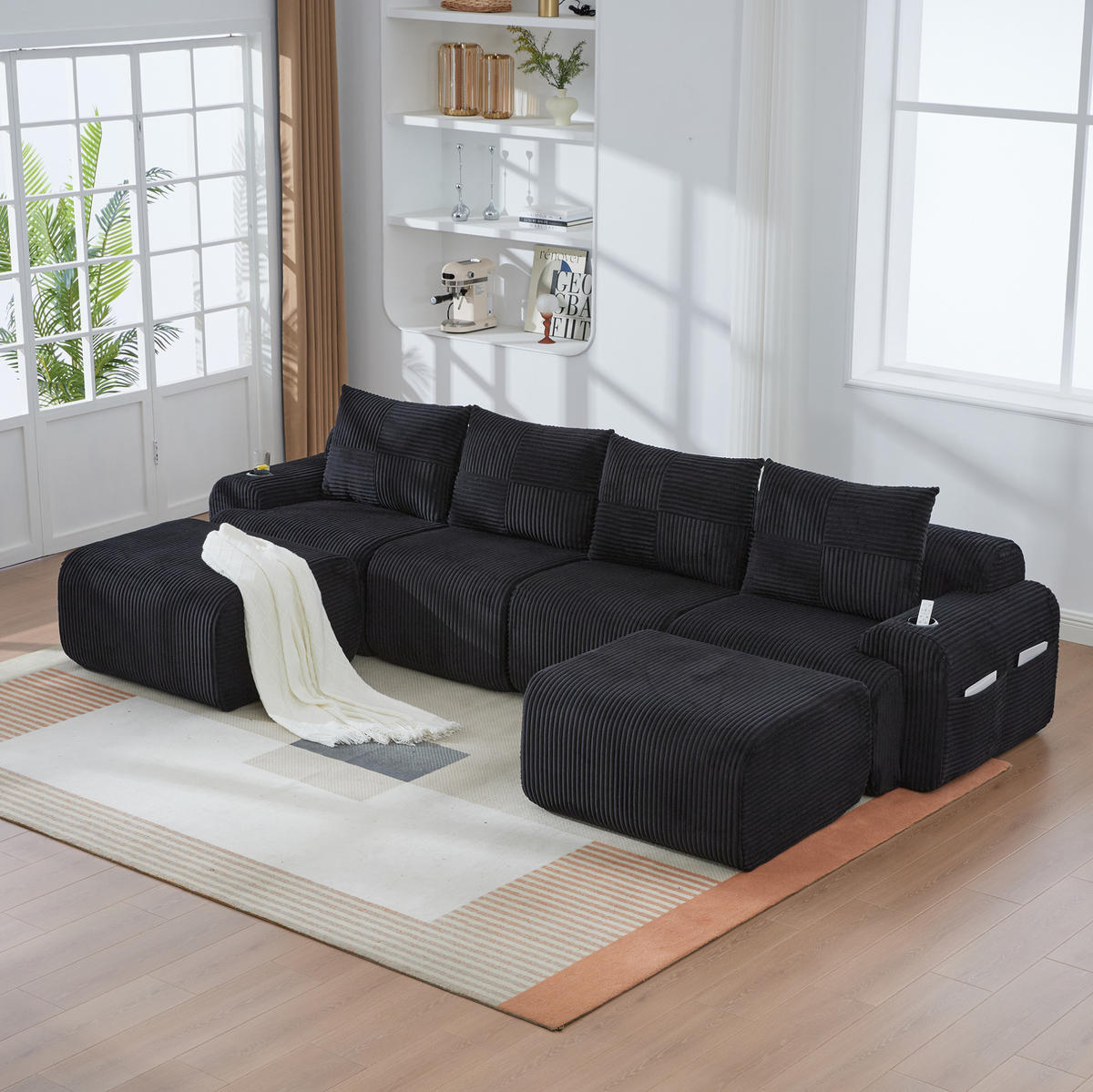 WOHNLANDSCHAFT modular 4-Sitzer ca. 333 x 174 cm Cordstoff Black 3-tlg. - Schwarz, Kunststoff (174/80/333cm) - Meubliv