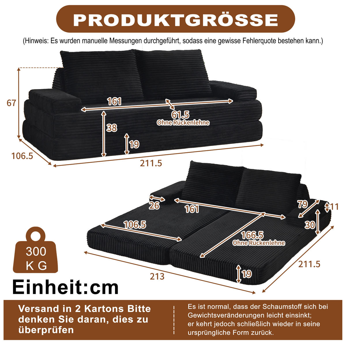 SCHLAFSOFA 211 cm frei kombinierbar mit dreieckigen Rückenlehnen, DE-42722, Grau - Schwarz, Textil (211.5/62/106.5cm) - ComfortXL