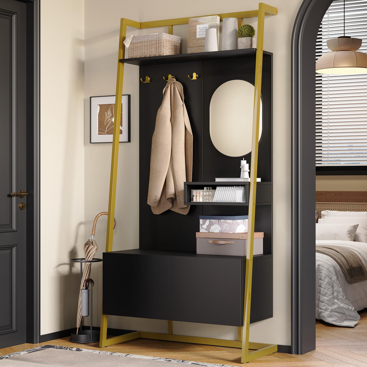 GARDEROBE Kompakt Spiegel Schuhbank Metallhaken - Schwarz, Holzwerkstoff (38.5/180.5/78cm) - FLIEKS