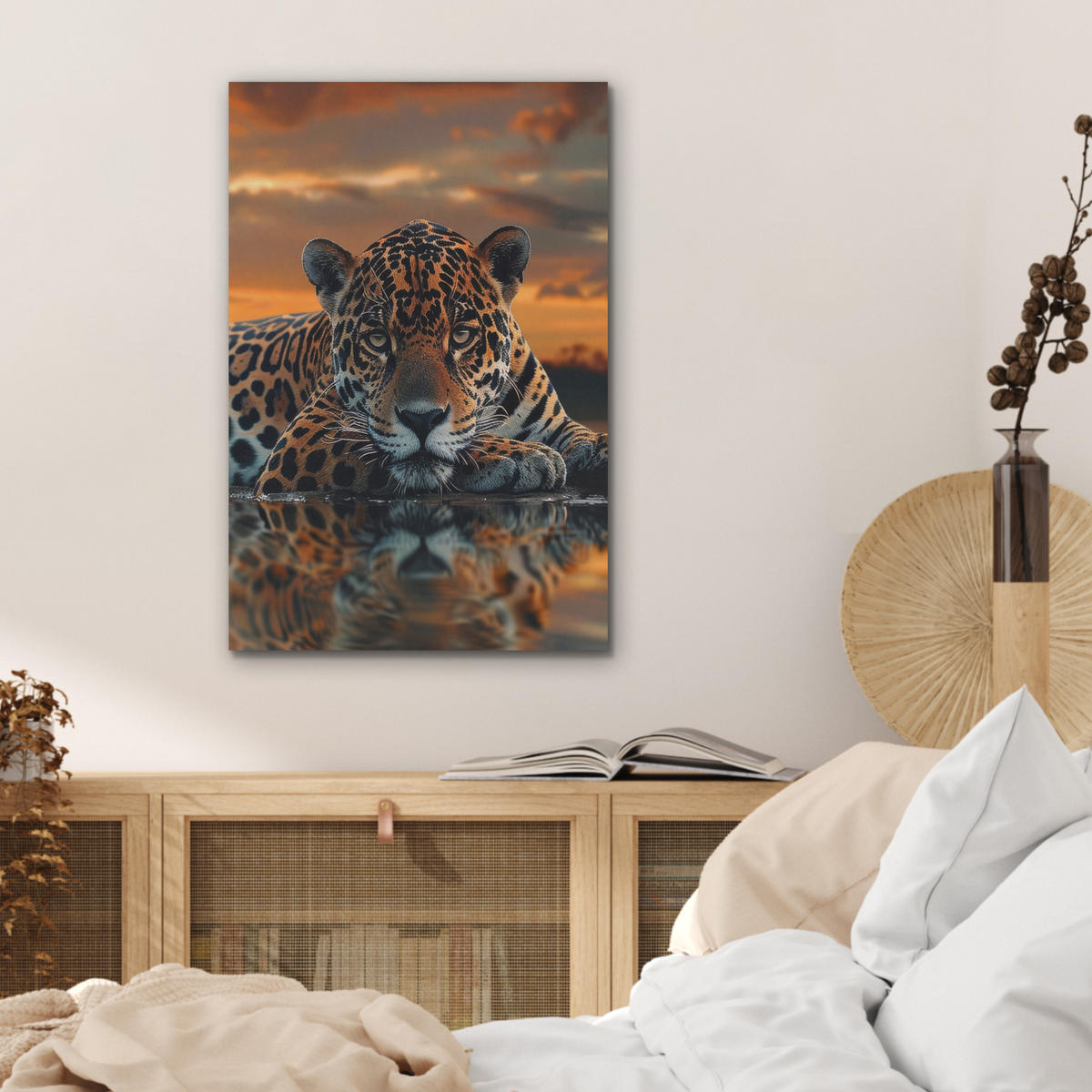 AKUSTIKBILD Natur - Leopard - Tier - Sonnenuntergang - Modern Kunstdruck Schlafzimmer 50x70 cm - Orange, Kunststoff (50/70/0.9cm) - MuchoWow