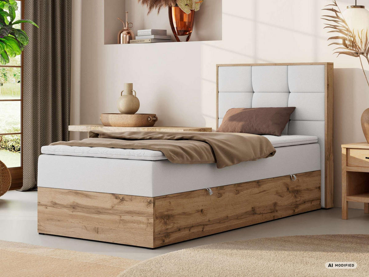 BOXBETT ALBERO 1 90/200 - Weiß Kunstleder - Topper Visco - H3 - Rechts - Schwarz/Weiß, Kunststoff/Textil (90/200cm) - MKS