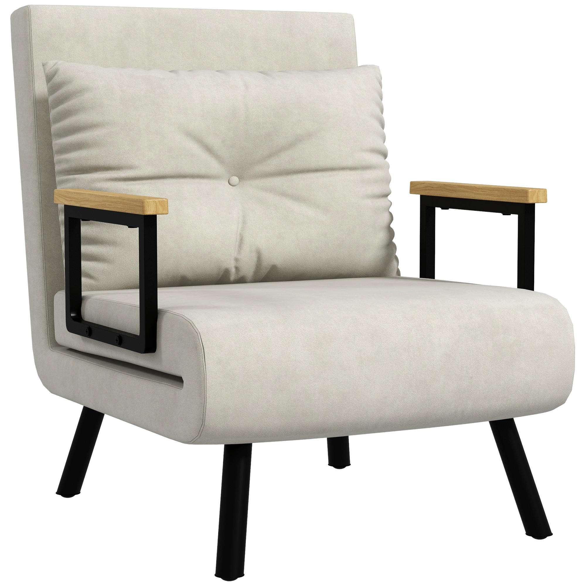 SCHLAFSESSEL, Einzelsofa mit Bettfunktion, Relaxsessel mit Rückenkissen Creme - Creme/Schwarz, Holz/Textil (63/81/73cm) - HOMCOM