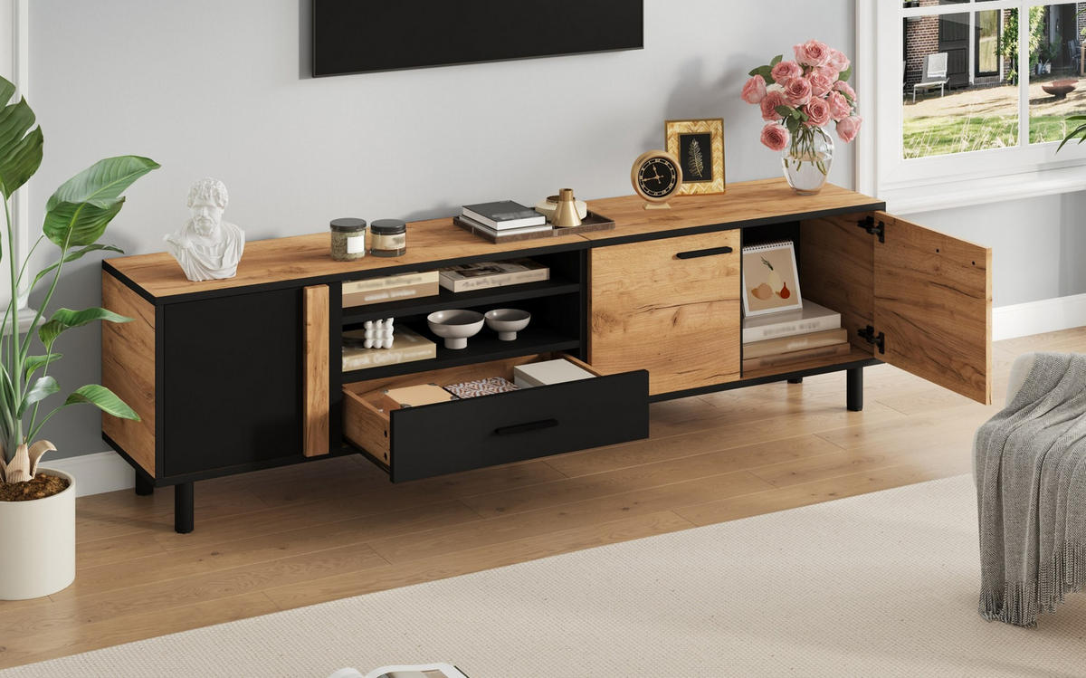 TV-LOWBOARD aus Spanplatte 180x32,5x50 cm Schwarz/Holzoptik mit 3 Türen, 1 Schublade und 5 Standfüßen - Schwarz, Holzwerkstoff (180/50/32.5cm) - Modfu