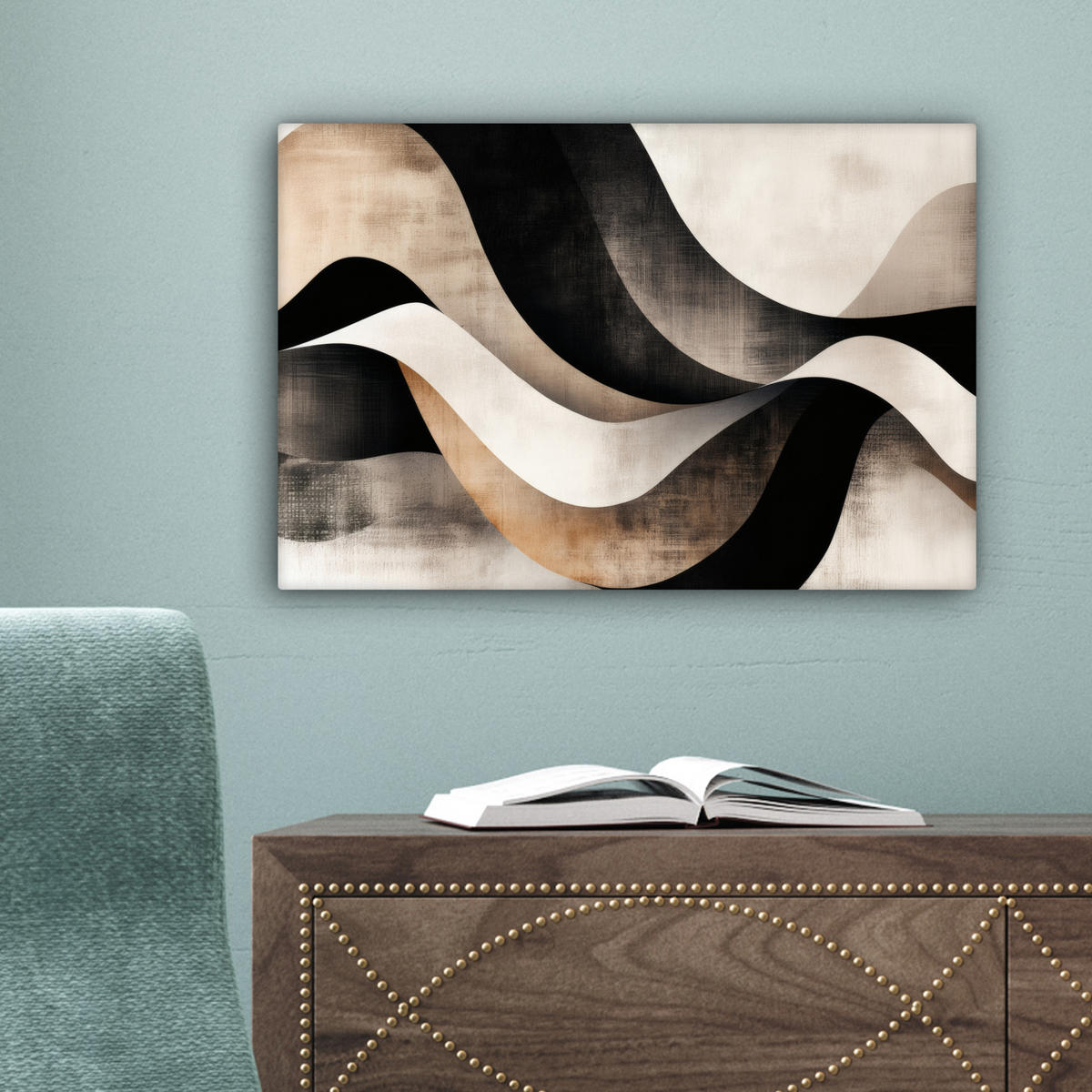 LEINWANDBILD Abstrakt - Wellen - Schwarz - Verwittert 30x20 cm - Trüffeleichefarben, Textil (30/20cm) - MuchoWow
