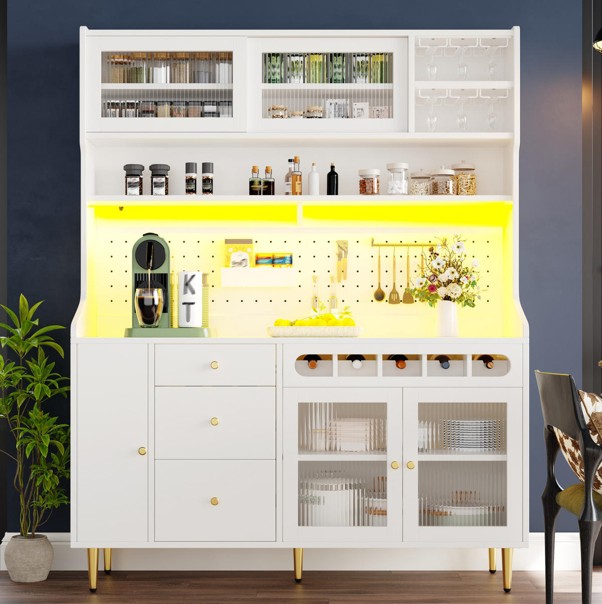 BUFFET 145/171/39 cm Weiß aus MDF und Glas mit LED-Beleuchtung - Weiß, Glas (39/171/145cm) - OKMYHOME