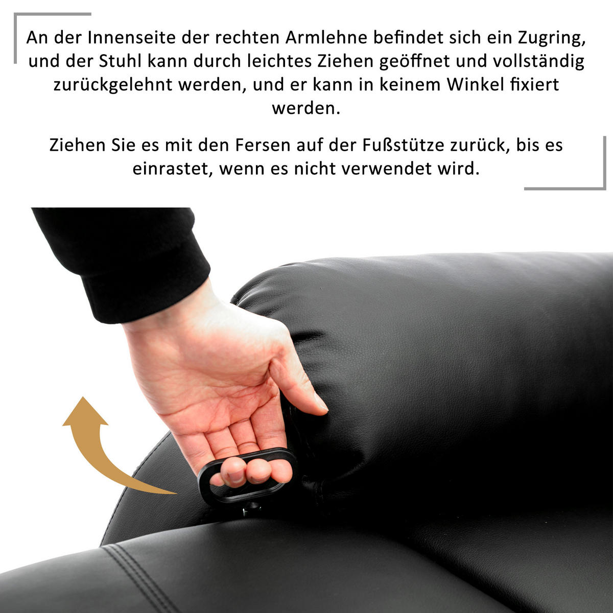 RELAXSESSEL mit Liegefunktion PU Leder Seitentasche 80/90/100 cm - Schwarz, Textil (80/100/90cm) - EVRYAE