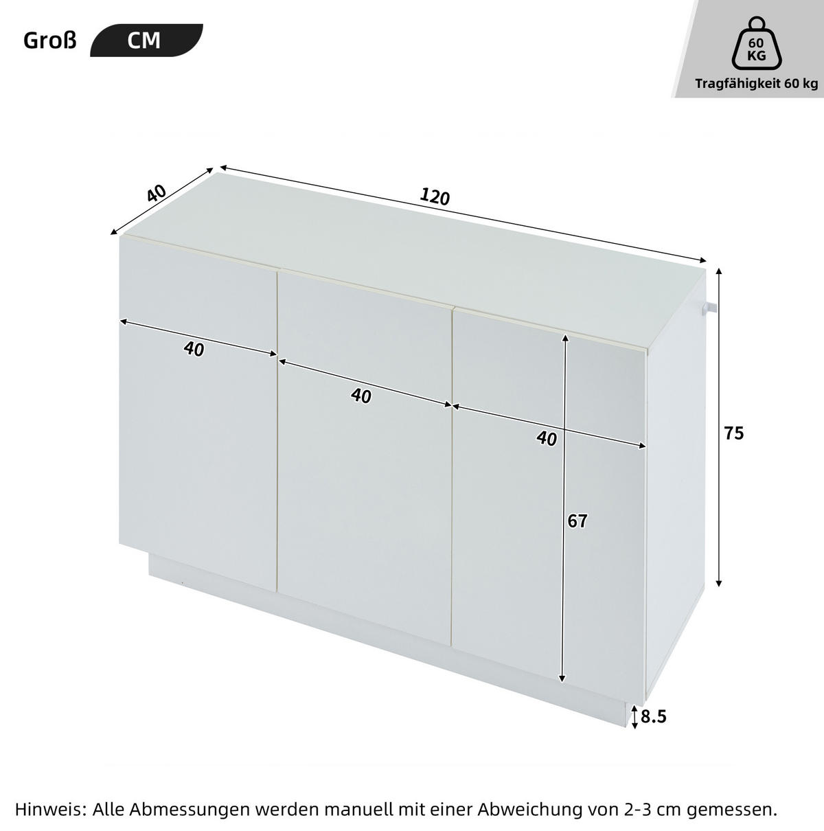 SIDEBOARD 120/40/75 cm Weiß aus Spanplatte mit LED-Beleuchtung - Weiß, Holzwerkstoff (40/75/120cm) - OKMYHOME