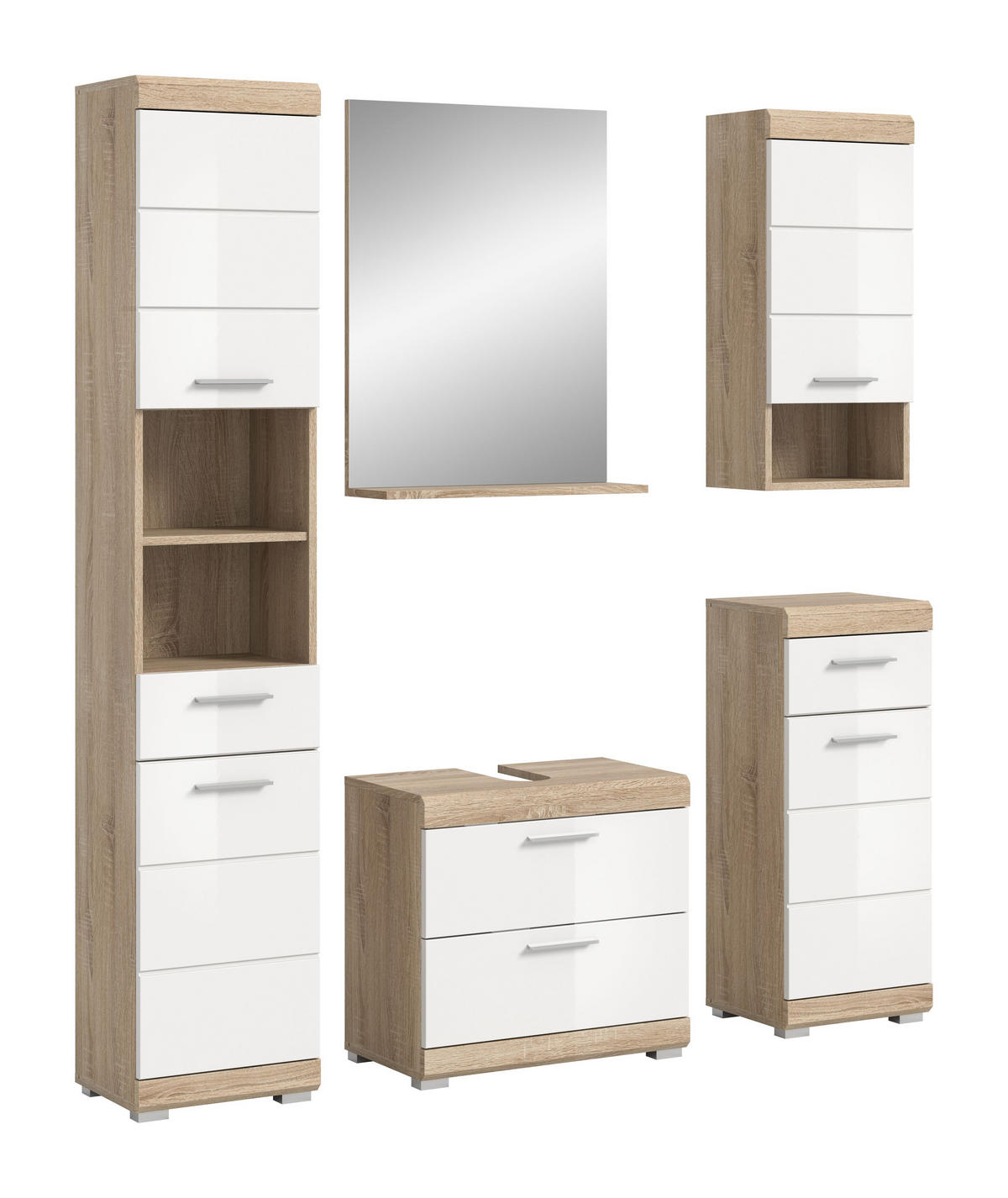 BADKOMBINATION 5tlg. Lambada Bad in Sonoma Eiche hell und weiß hochglanz B/H/T: 164x191x34 cm - Sonoma Eiche, Holz (164/191/37cm)