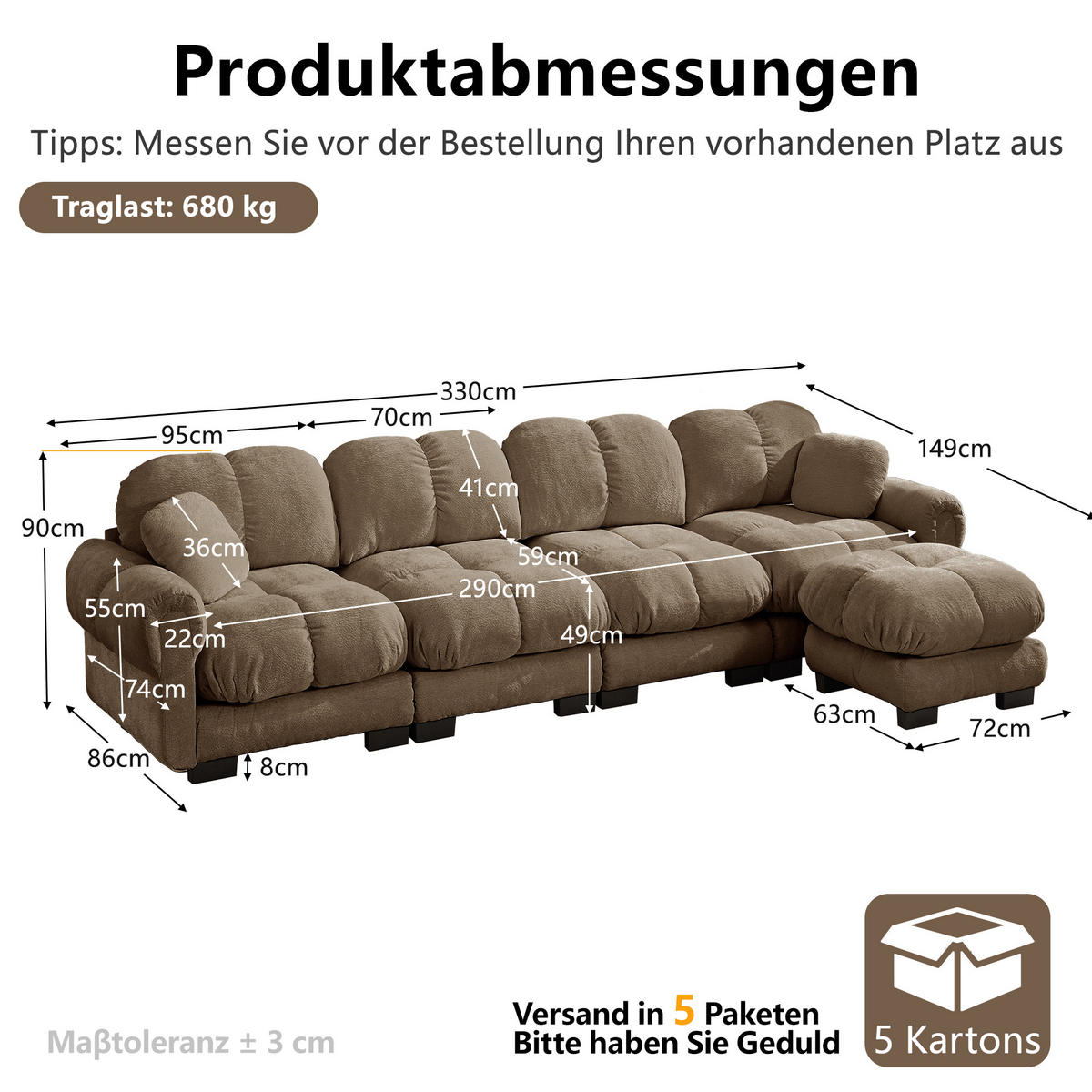 ECKSOFA DE-34384 4-Sitzer mit Steppdesign Braun - Braun, Textil (149/330cm) - ComfortXL
