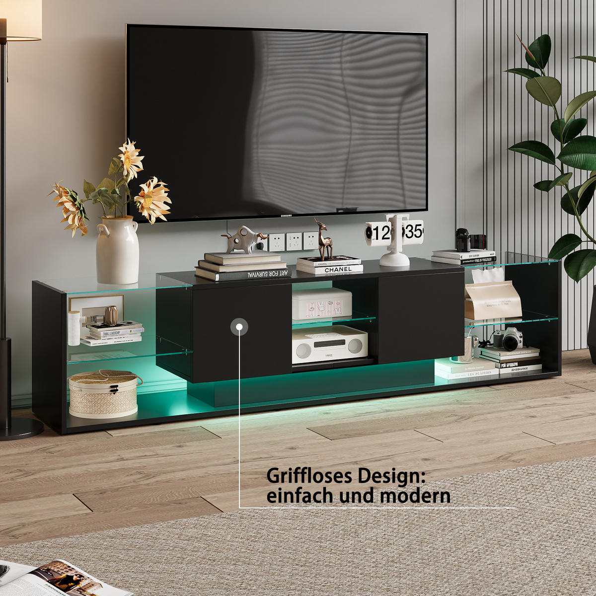 TV LOWBOARD 200x35x45 cm LED Glasablage 2 Schubladen schwarz - Schwarz, Holz (200/45/35cm) - LEBENLANG