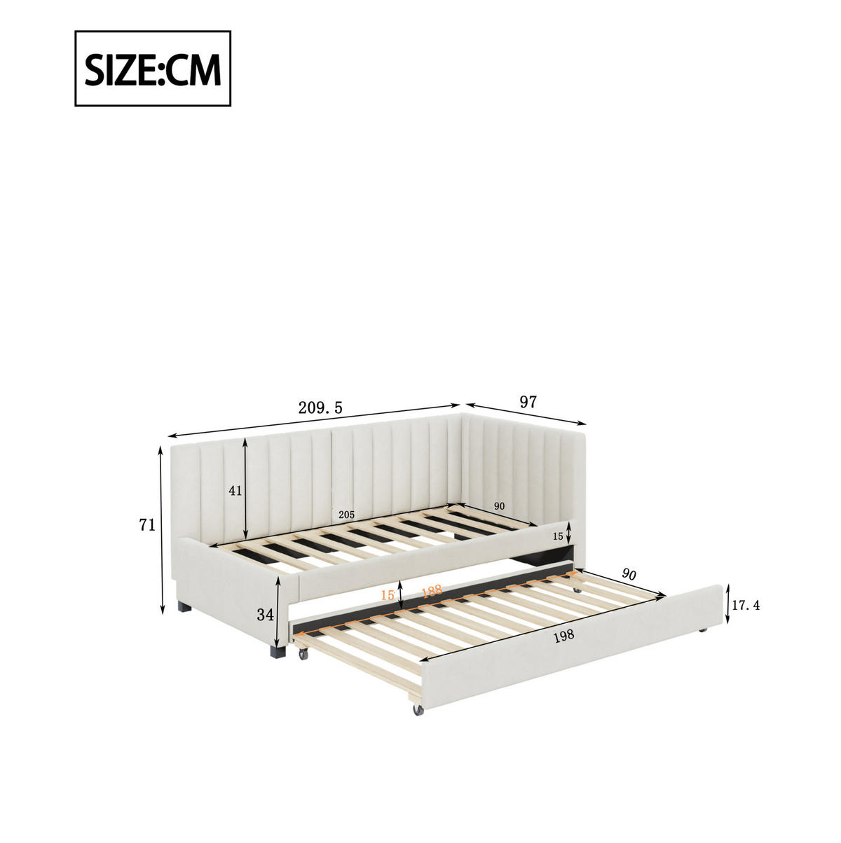 ČALÚNENÁ posteľ 90/200 cm s výsuvným lôžkom, lamelovým roštom a čalúneným čelom, Béžová - béžová, koža (90/200cm) - Redom
