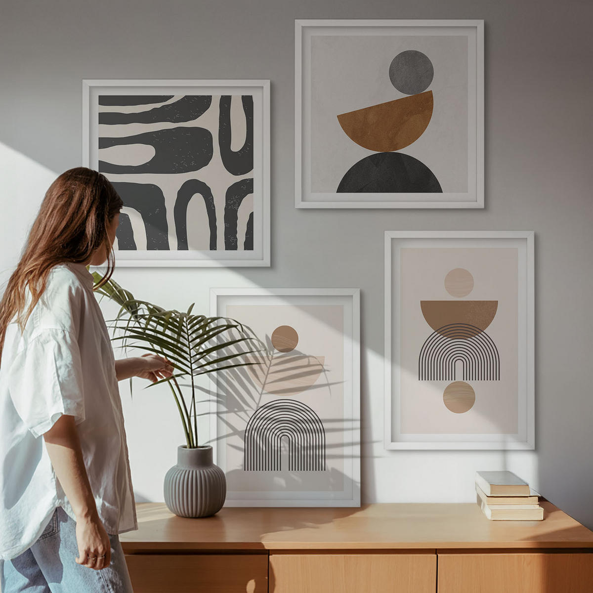 WANDBILDER 4er-Set - 50x50 cm & 40x60 cm Weißer Rahmen - Abstraktes Boho-Design - Weiß, Kunststoff (50/50cm) - ArtPrintCave