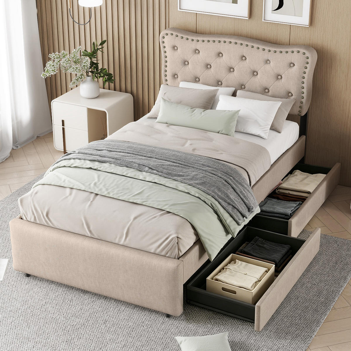 POLSTERBETT 90/200 cm in Dunkelbeige mit 2 Schubladen Leinen klassisches Design - Beige/Schwarz, Holzwerkstoff/Textil (90/200cm) - STILVORA