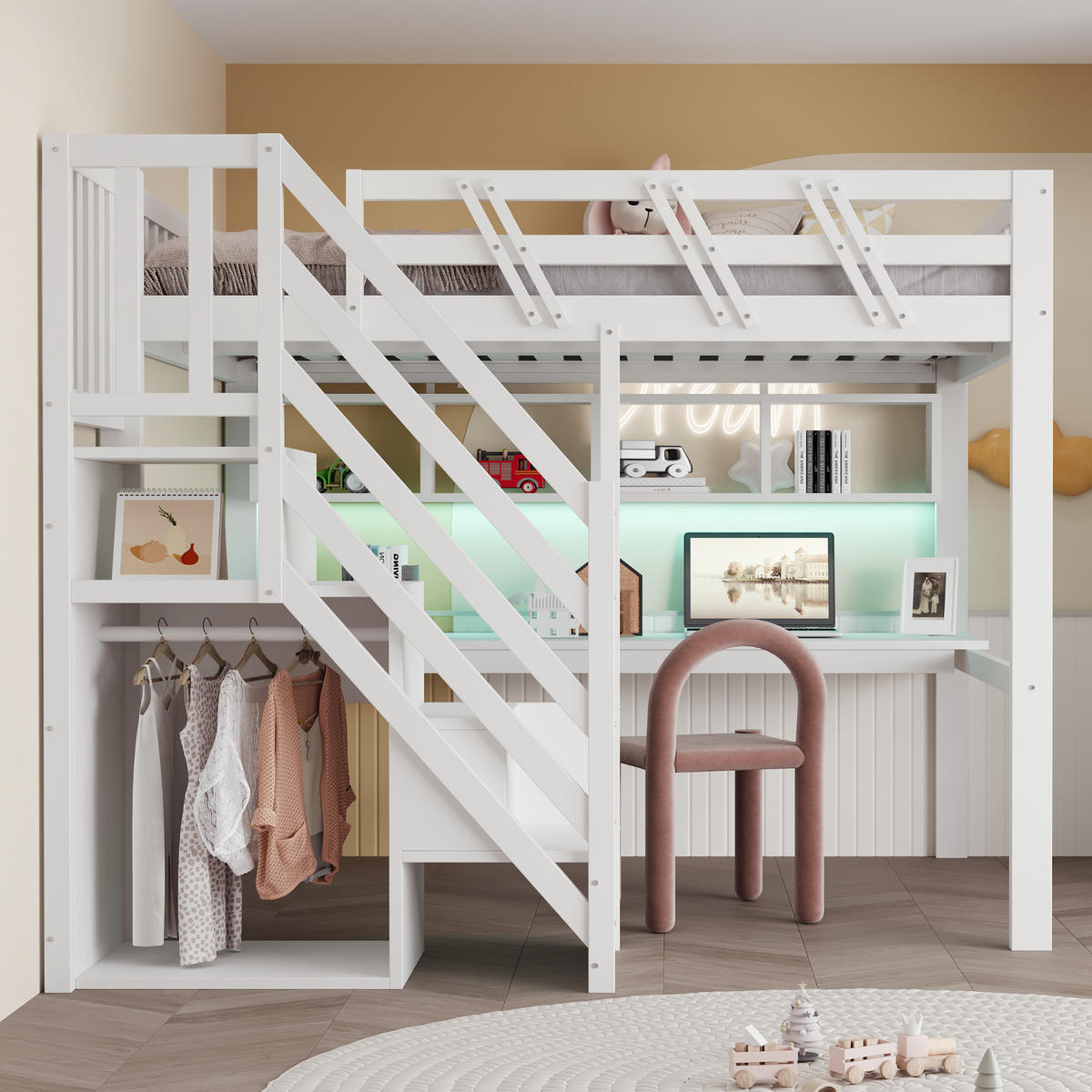 HOCHBETT 140/200 cm DE-01497, in Weiß, mit Aufbewahrungstreppe, Schreibtisch und LED-Licht - Weiß, Holz (140/200cm) - ComfortXL