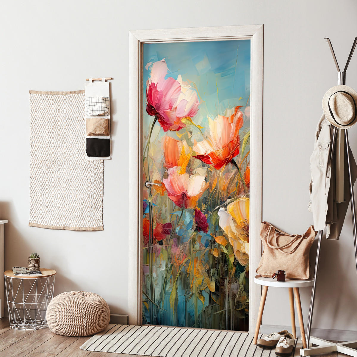 NÁLEPKA NA DVERE Kvety - Akvarel - Umenie - Botanické - Príroda 80x215 cm - oranžová, plast (80/0.1cm) - MuchoWow