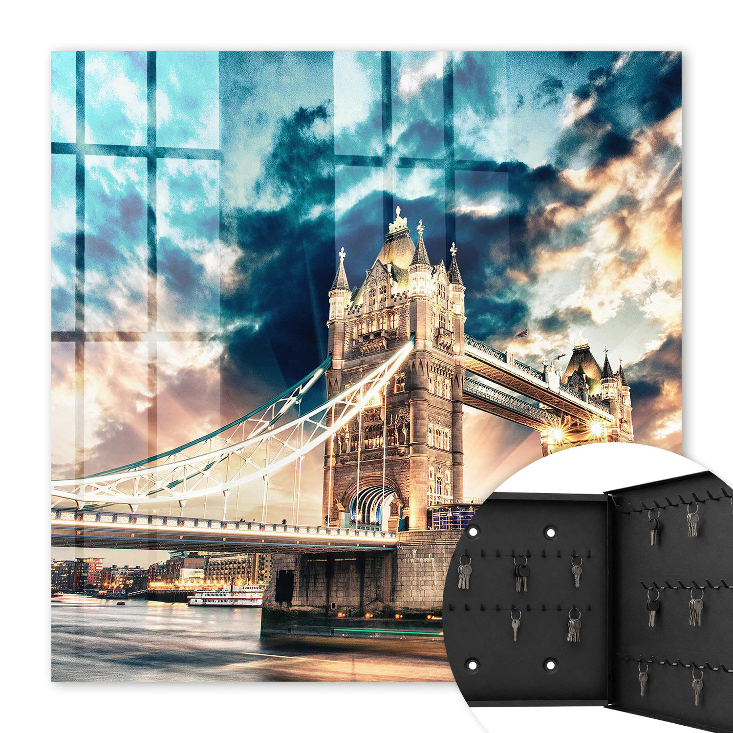 SCHLÜSSELBOX Schwarz 30x30 cm- Türöffnung nach rechts - Stadtlandschaft - Blau, Metall (30/30/5cm) - TULUP
