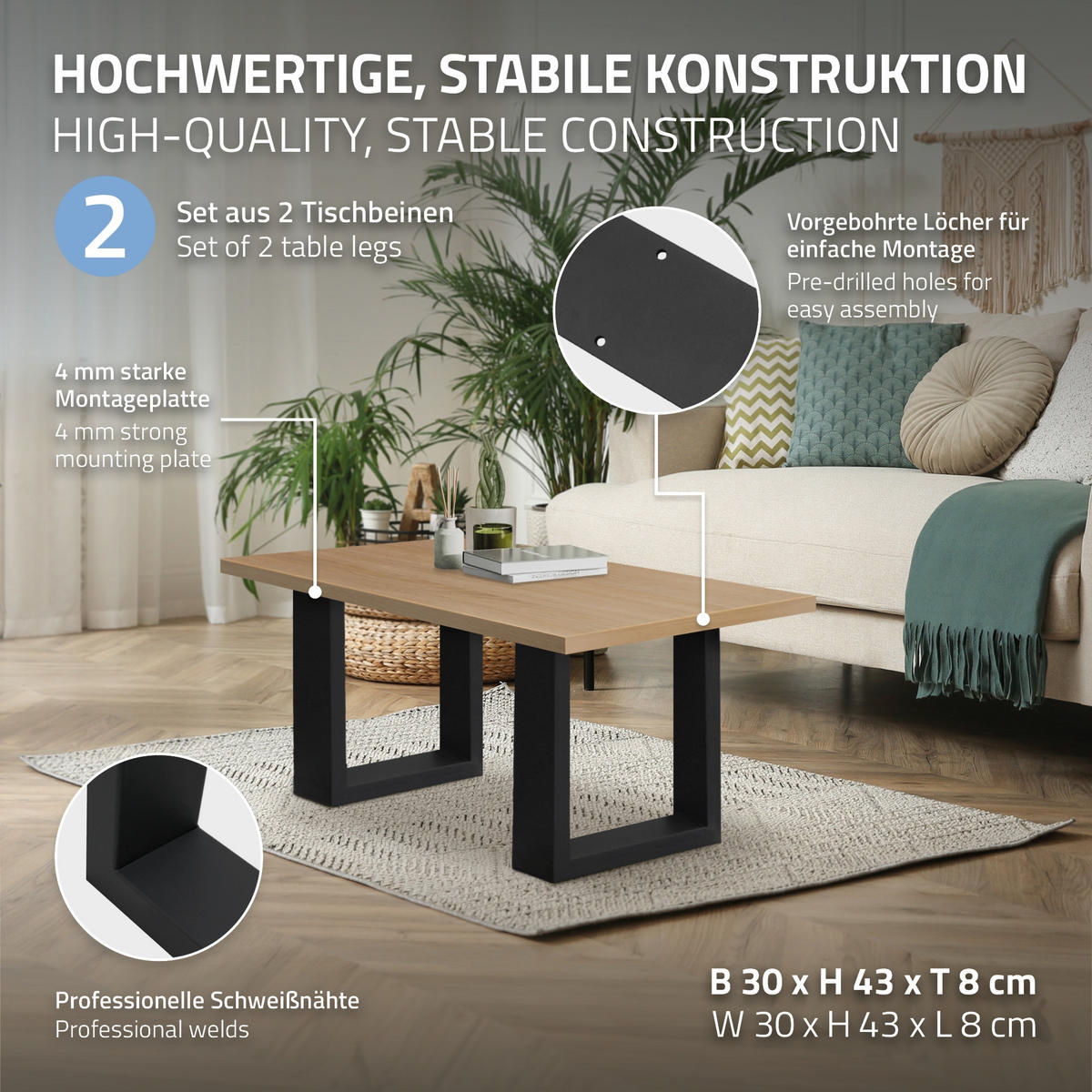 TISCHBEINE 2er Set 30 x 43 cm Schwarz - Schwarz, Metall (30/8/43cm) - ECD-Germany