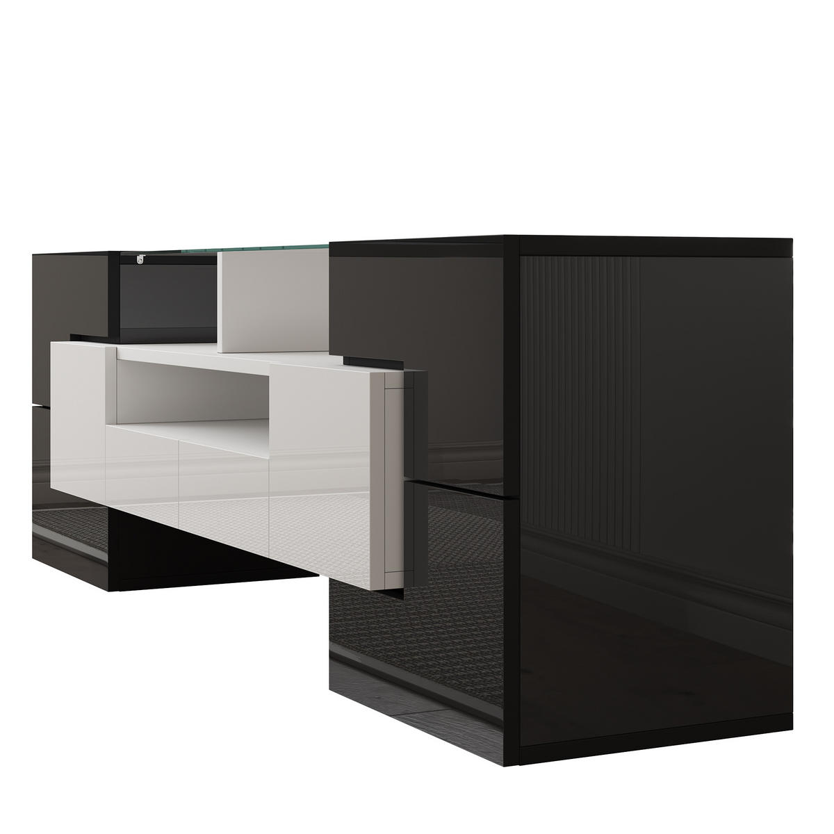 LOWBOARD in Weiß und Schwarz mit LED und Glasoberfläche für Wohnzimmer, 145/B30/H51cm - Schwarz/Weiß, Glas/Holzwerkstoff (145/51/30cm) - STILVORA