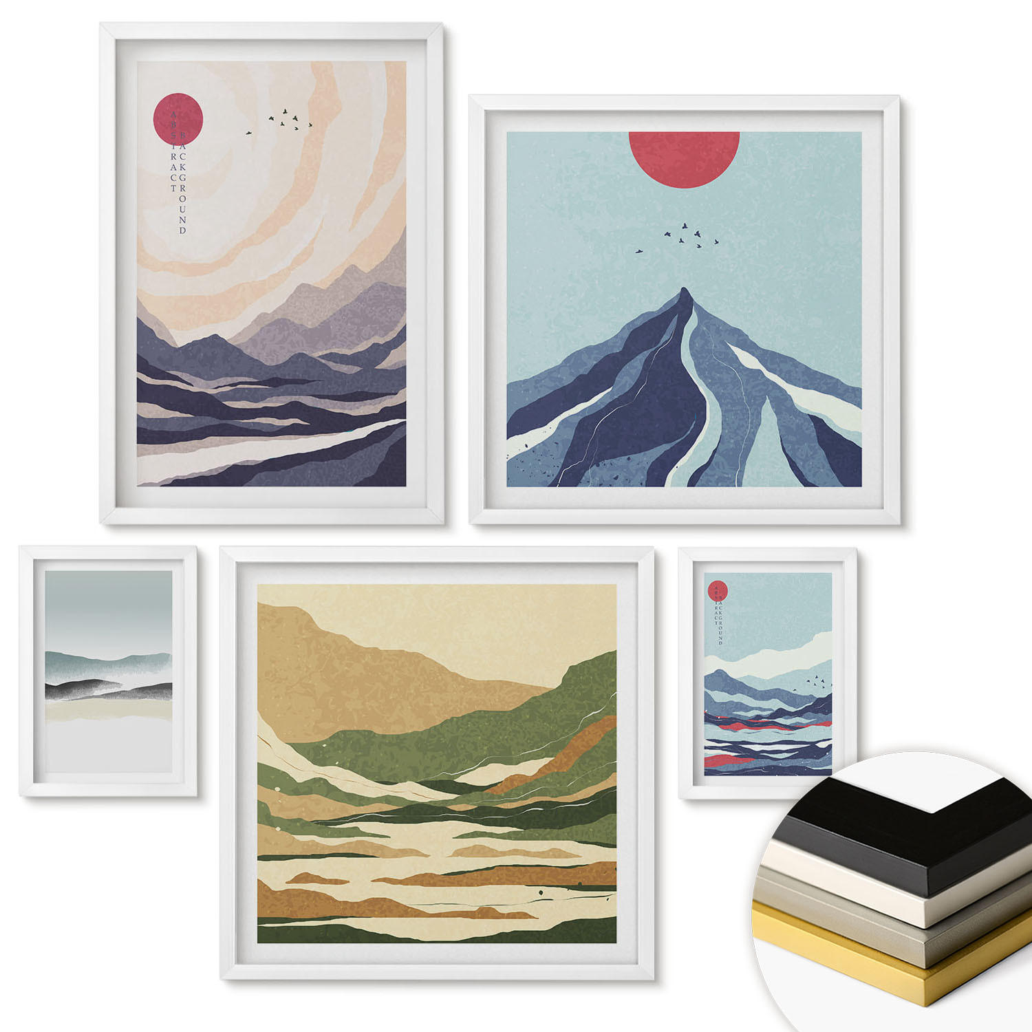 WANDBILDER 5er-Set - 50x50 cm & 20x30 cm & 40x60 cm Weißer Rahmen - Farbenfrohe abstrakte Flussberge - Weiß, Kunststoff (40/60cm) - ArtPrintCave