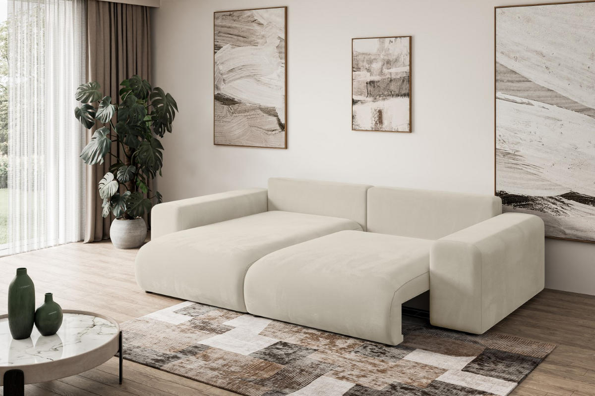 ECKSOFA mit Schlaffunktion und Bettkasten ESKAR-L 256x165x84cm Beige Velours - Beige/Schwarz, Holzwerkstoff/Kunststoff (165/256cm) - ALTDECOR