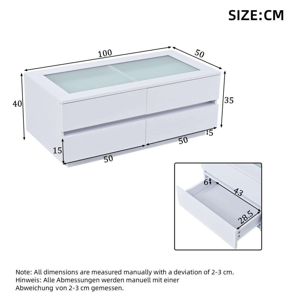 COUCHTISCH aus Spanplatte und Glas 100x50x40 cm Weiß mit 4 Schubladen und LED-Beleuchtung - Weiß, Holzwerkstoff (100/50/40cm) - IVMEU