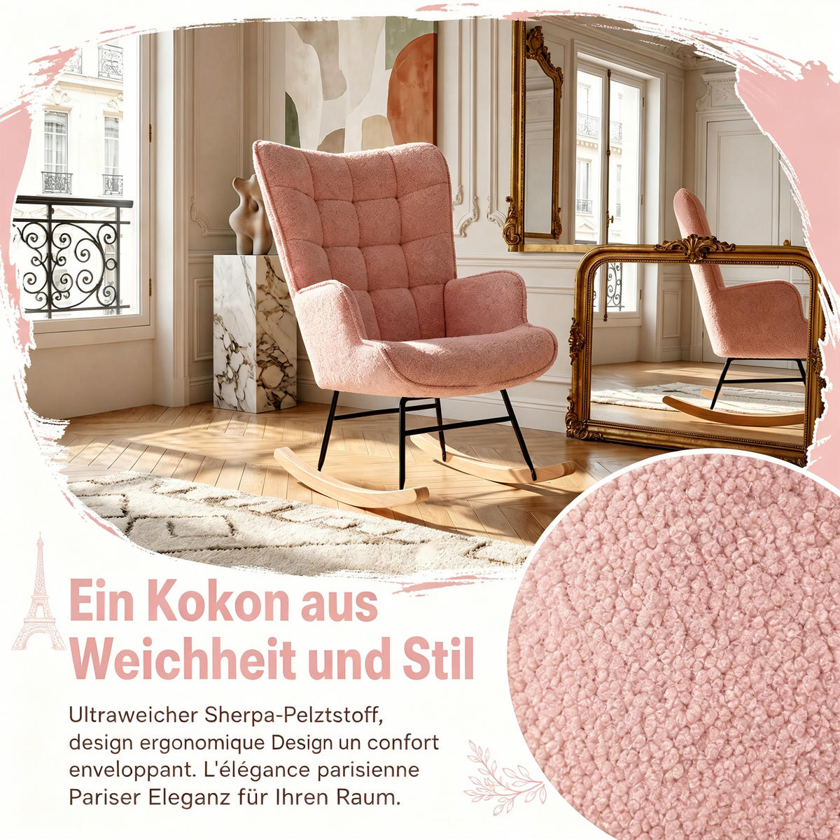 SCHAUKELSTUHL, Entspannend, Teddy-Velours, Belastbarkeit 120 kg, Rosa - Rosa/Kieferfarben, Holz/Textil (68/92/75cm) - GENKI LIVING