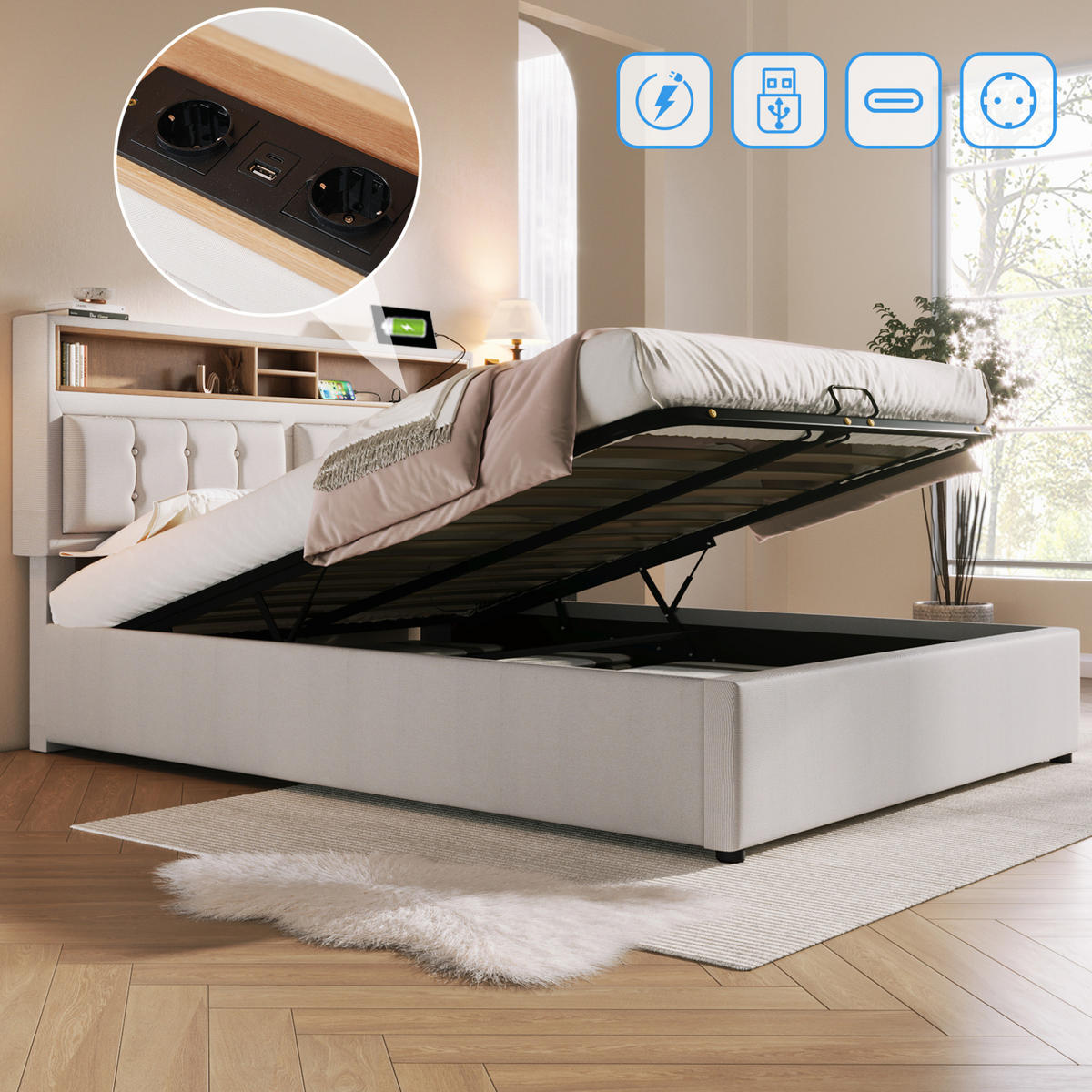 POLSTERBETT 160/200 cm Beige mit Stauraum und USB- und Type-C-Anschlüssen - Beige, Textil (160/200cm) - Flora Grace