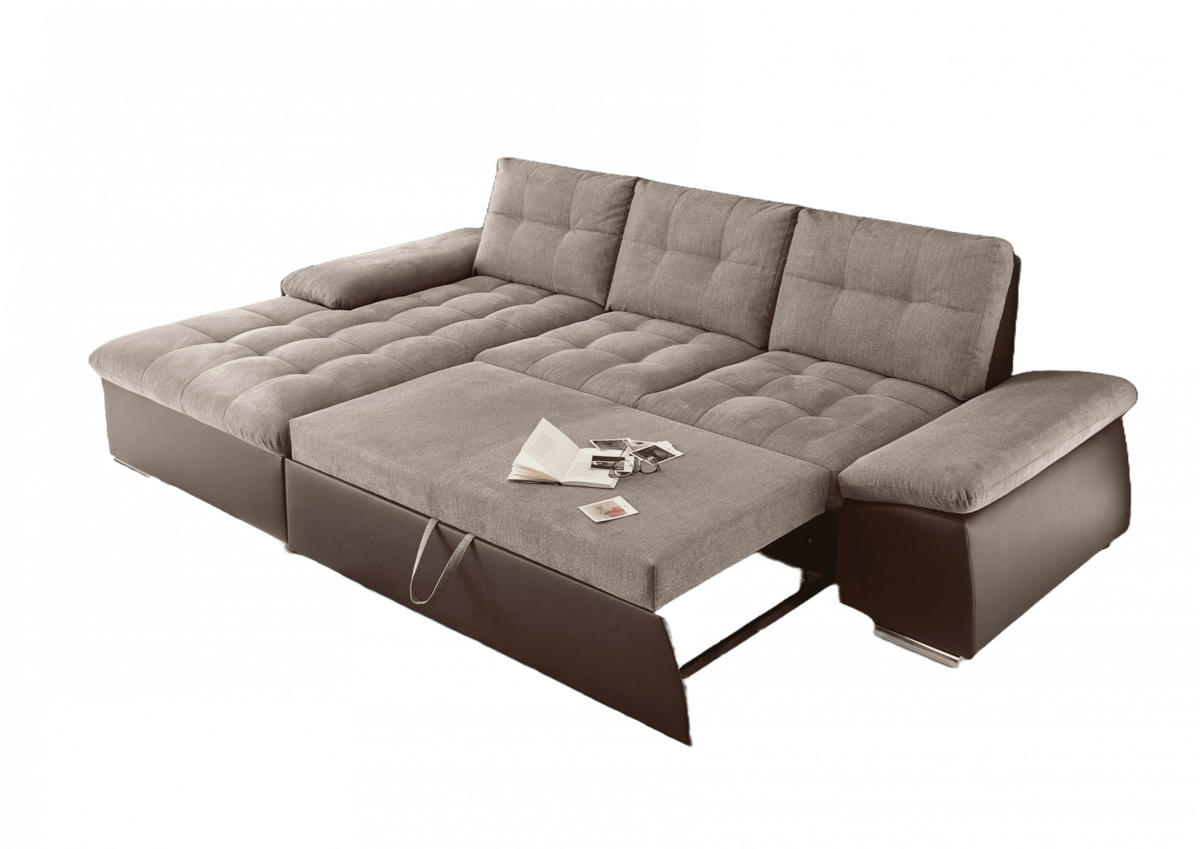 ECKSOFA mit Schlaffunktion und verstellbaren Armlehnen - Chromfarben/Beige, Kunststoff/Textil (268/170cm) - ed exciting design