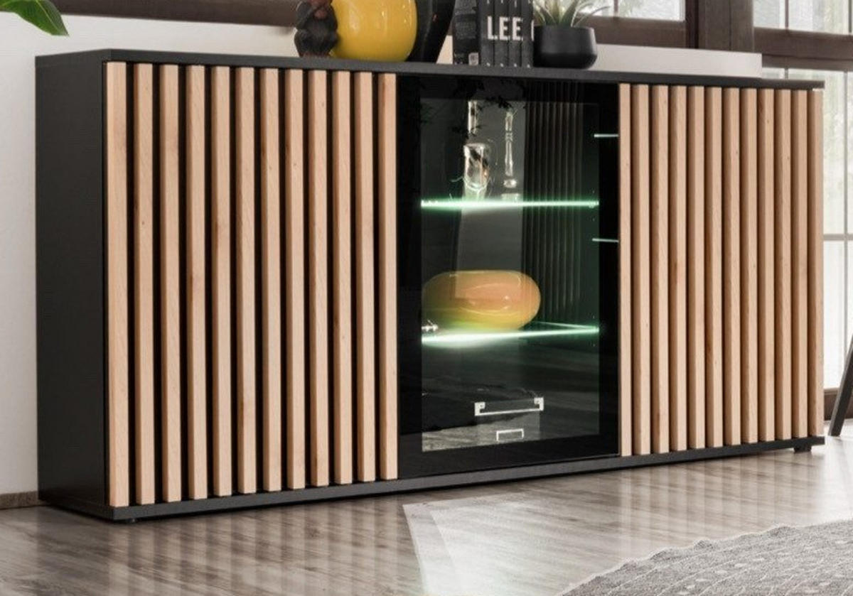 SIDEBOARD schwarz, Eiche Jackson 163 cm, Kommode mit Beleuchtung - Eichefarben/Schwarz, Glas/Holzwerkstoff (160/92/40cm) - Furn.Design