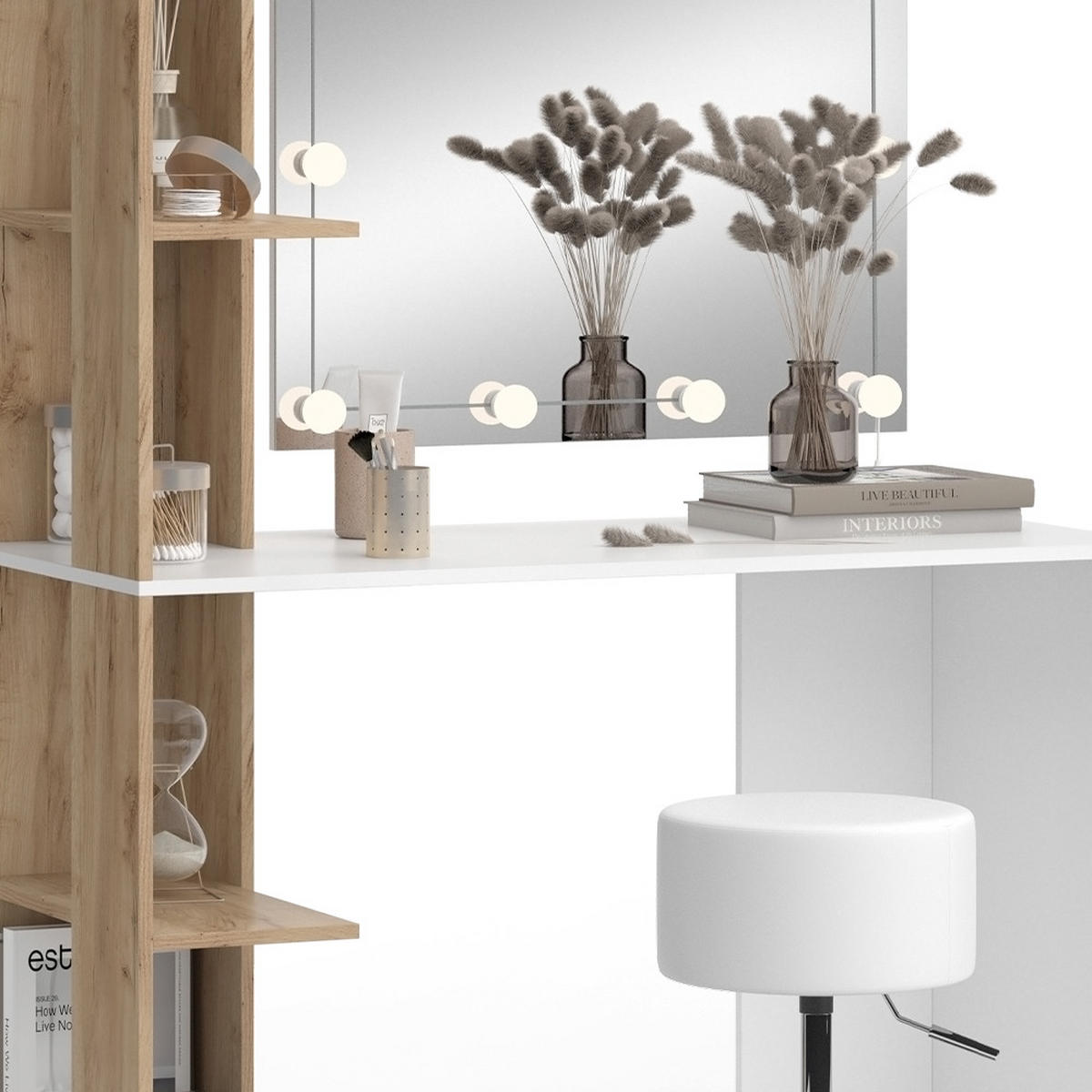 SCHMINKTISCH Tower Weiß/Sonoma 122.2 cm mit Beleuchtung und Hocker - Weiß/Sonoma Eiche, Holzwerkstoff (122.2/75.8/55.2cm) - Vicco